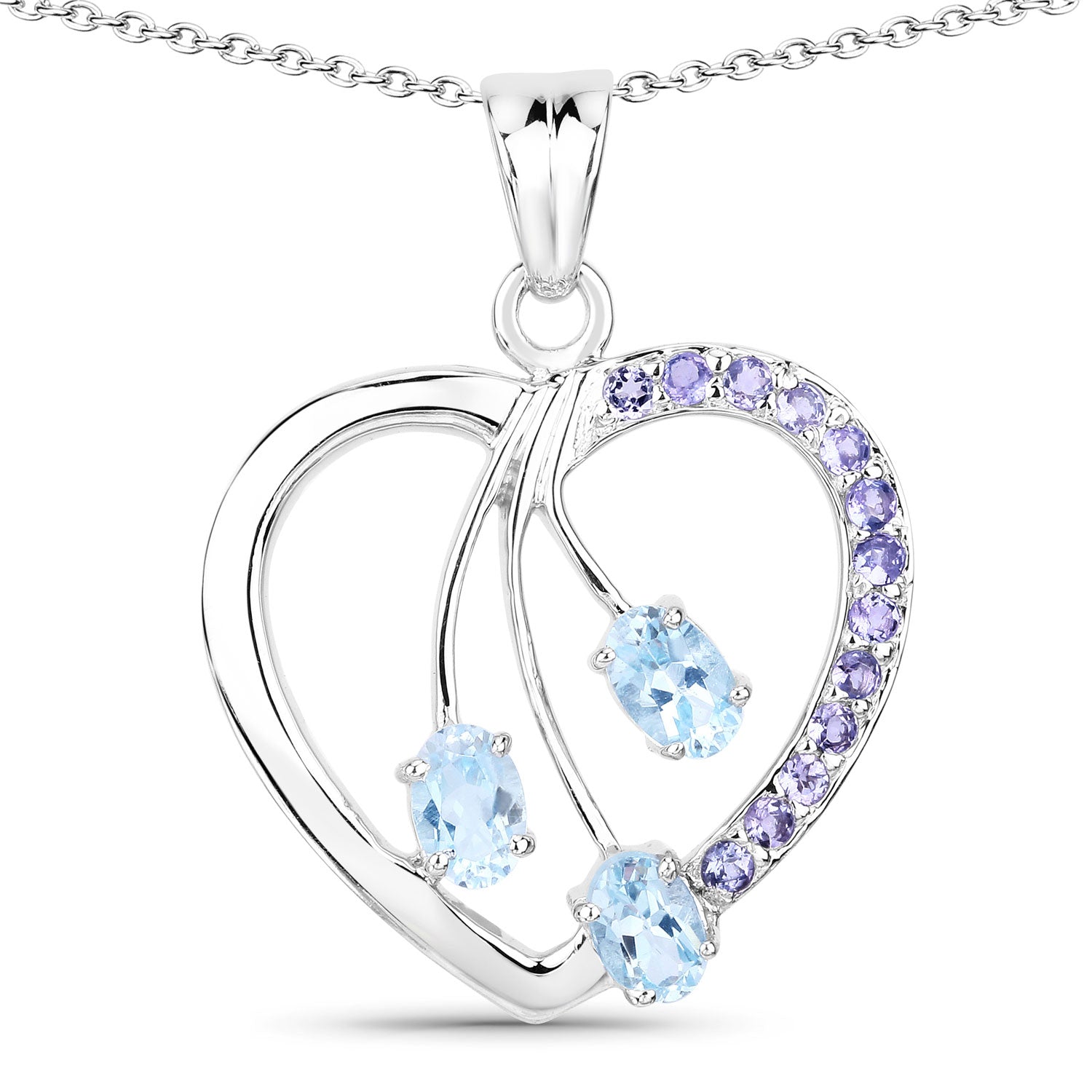 1.99 Cttw Oval Blue Topaz Rhodium over Silver Floral Open Heart Pendant Necklace