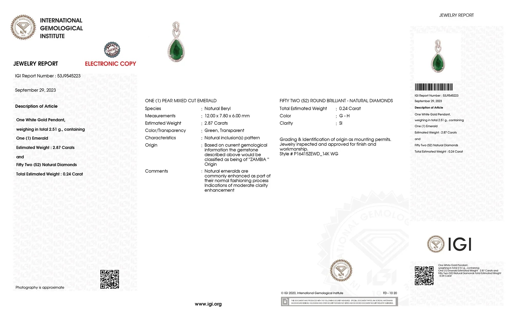 Genuine Zambian Emerald Diamond 14K Gold Statement Pendant