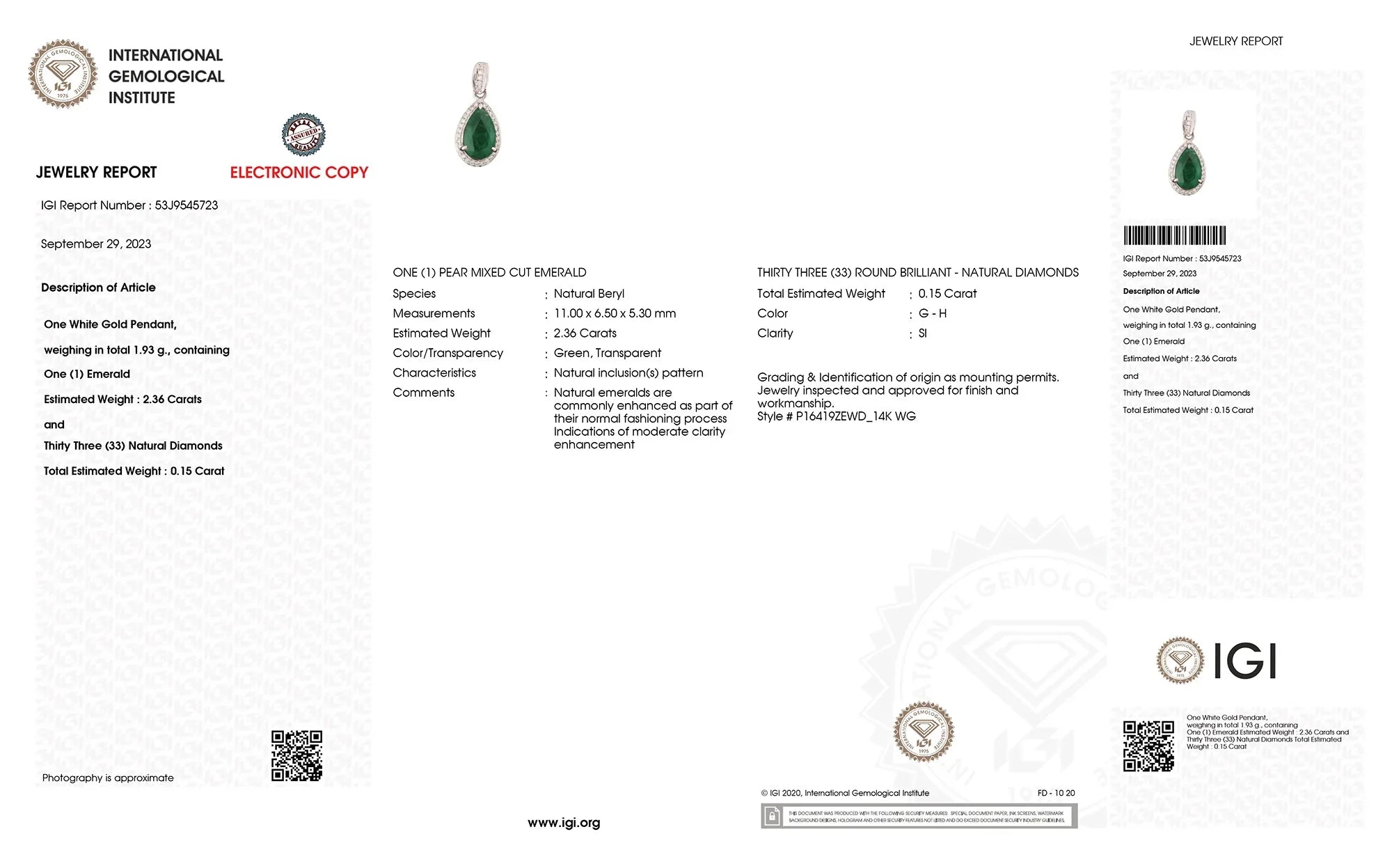Genuine Zambian Emerald and White Diamond 14K White Gold Pendant
