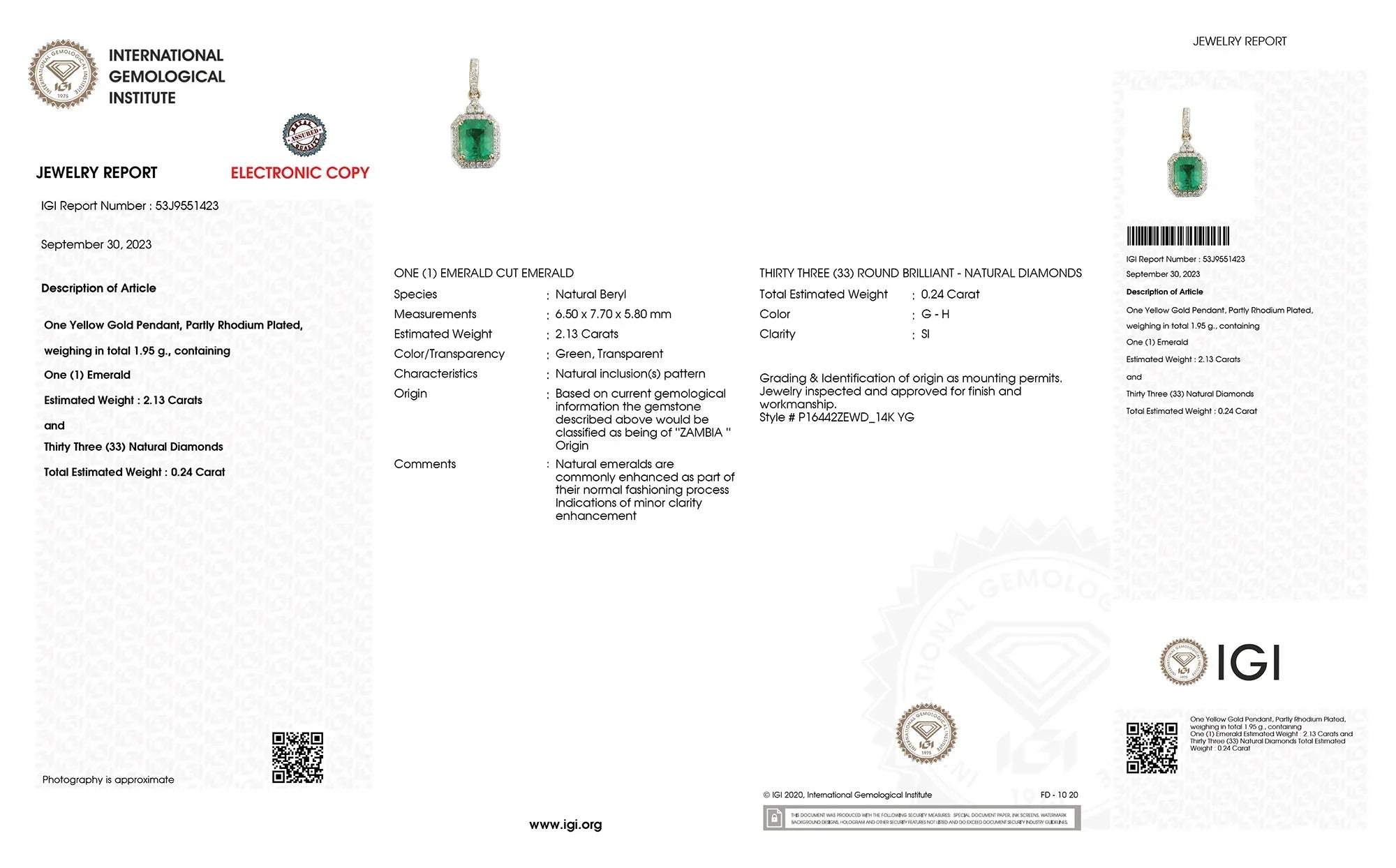 Genuine Zambian Emerald and White Diamond 14K Gold Halo Pendant