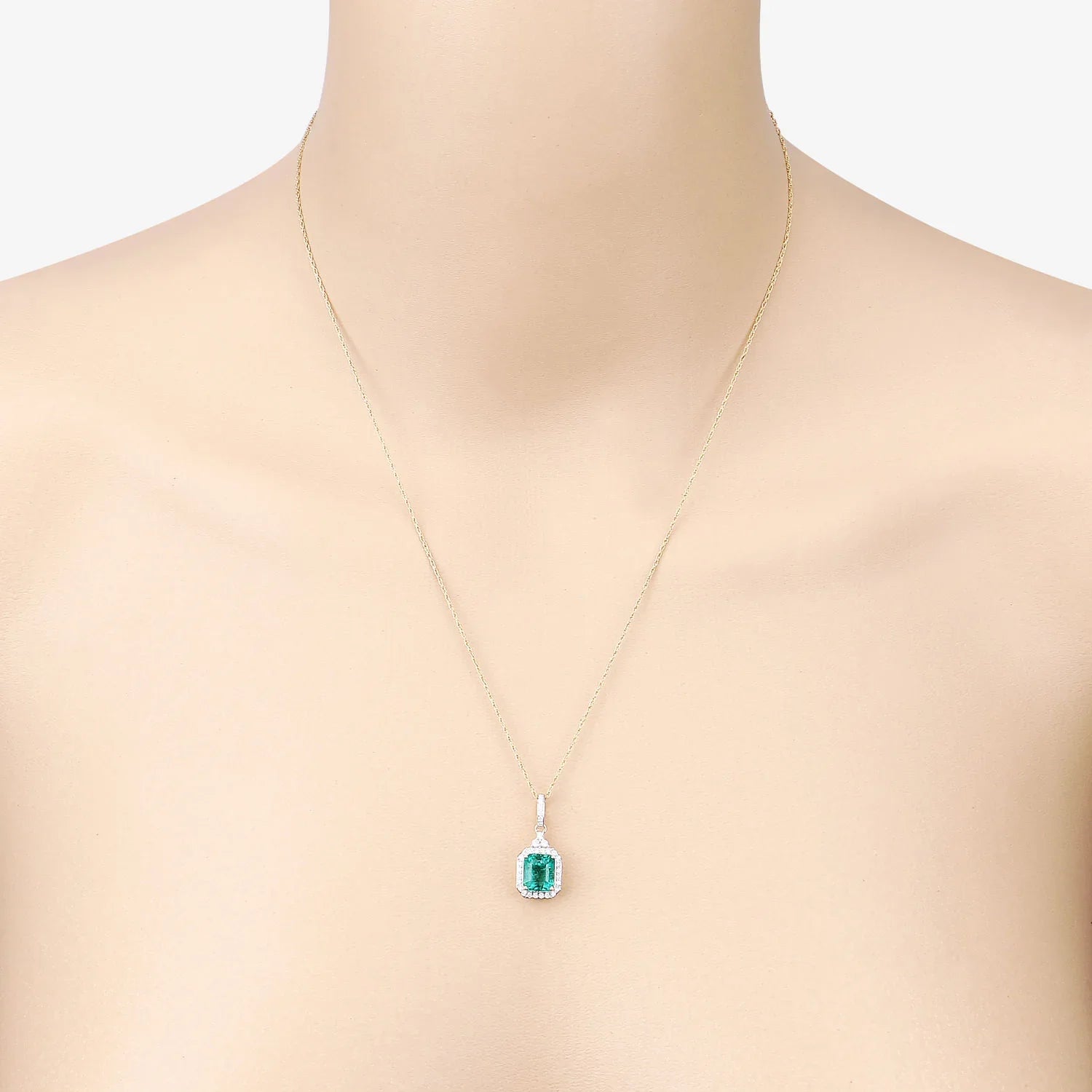 Genuine Zambian Emerald and White Diamond 14K Gold Halo Pendant