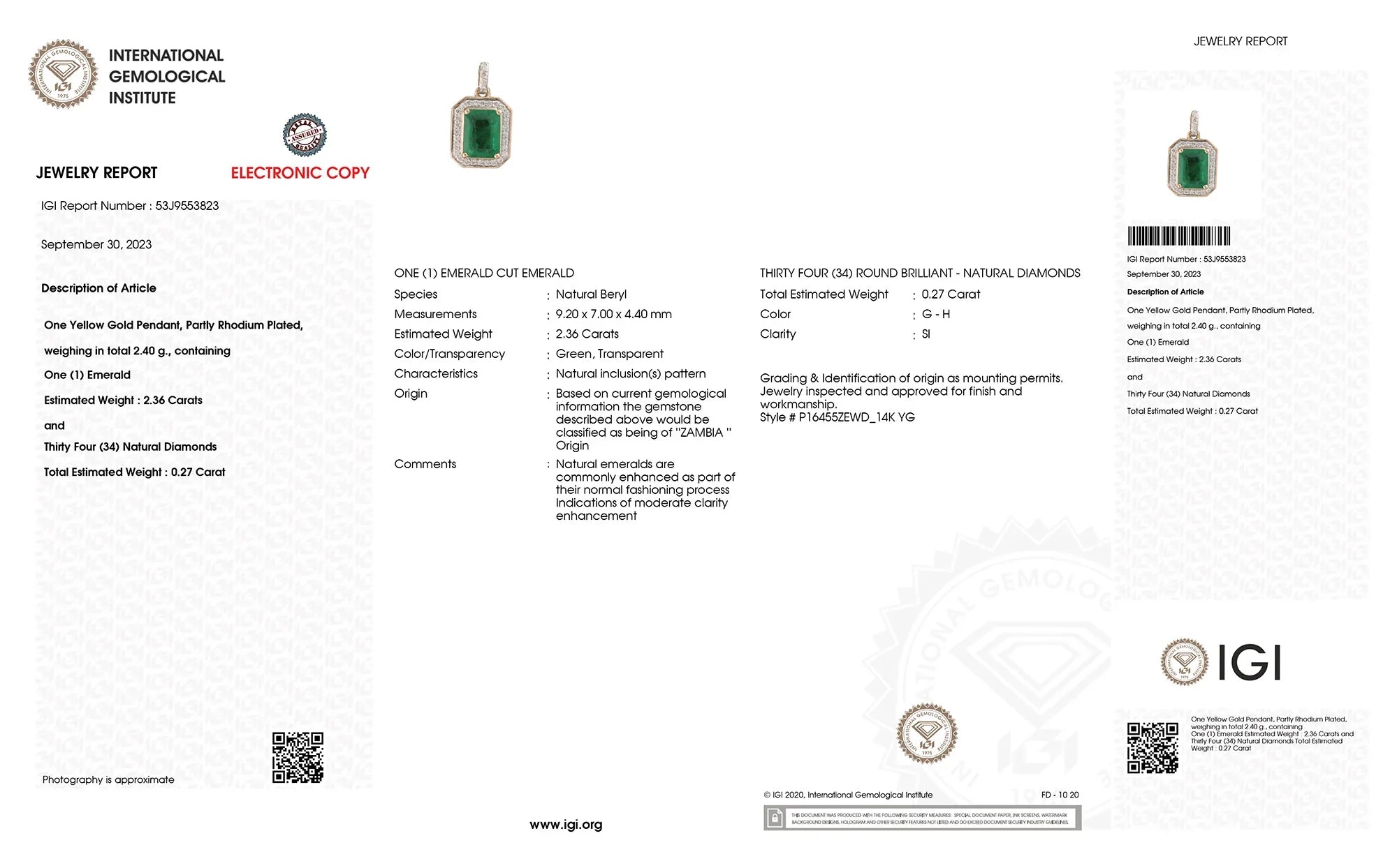 Genuine Zambian Green Emerald White Diamond 14K Gold Pendant