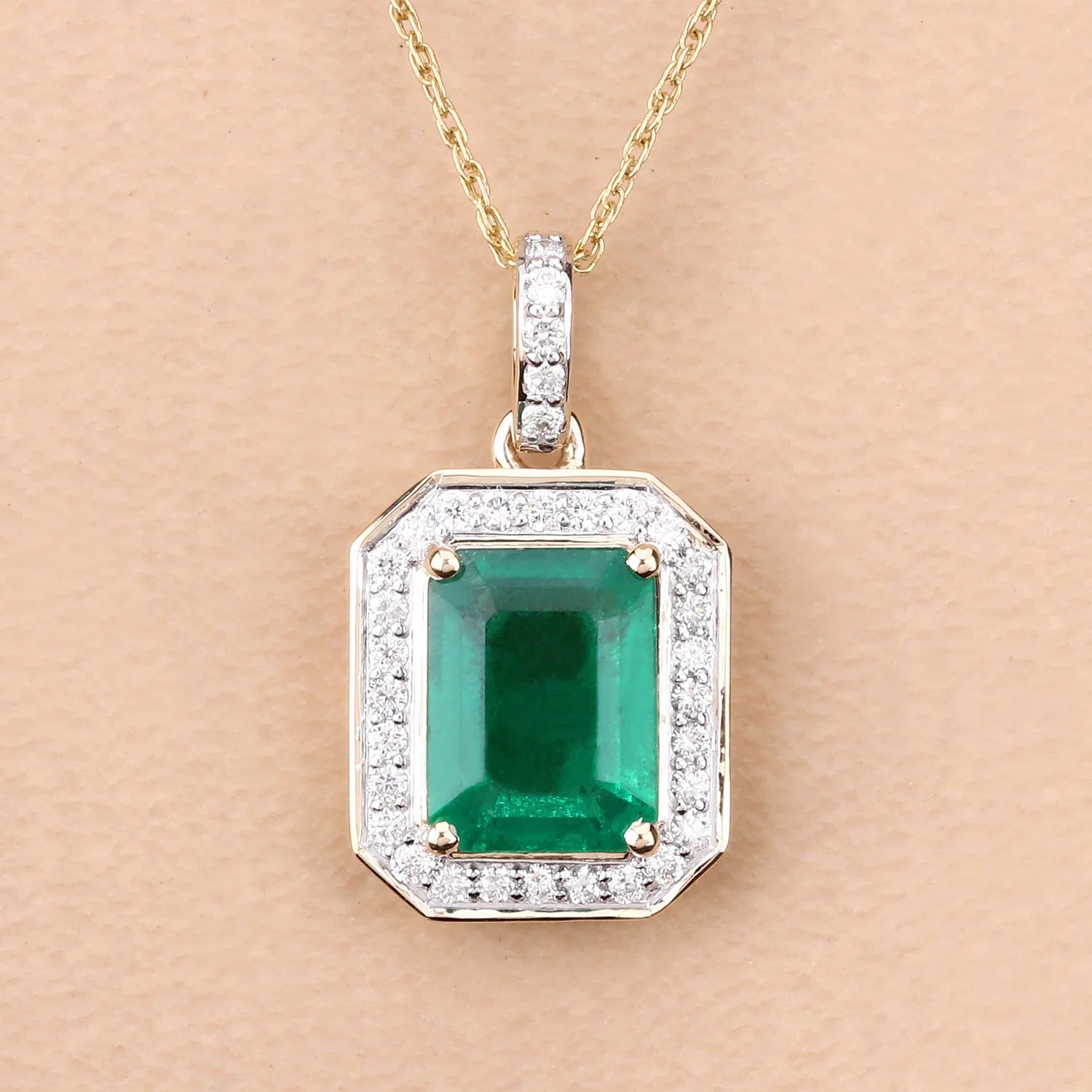 Genuine Zambian Green Emerald White Diamond 14K Gold Pendant