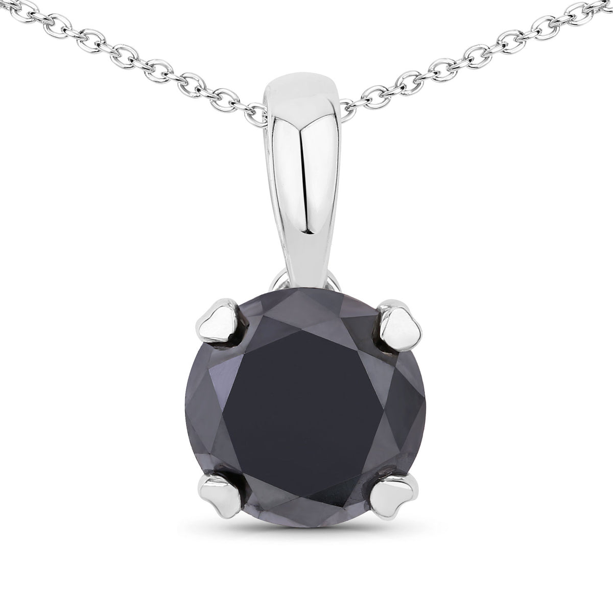 1.58 Cttw Round Black Diamond Prong Rhodium over Silver Solitaire Pendant Necklace