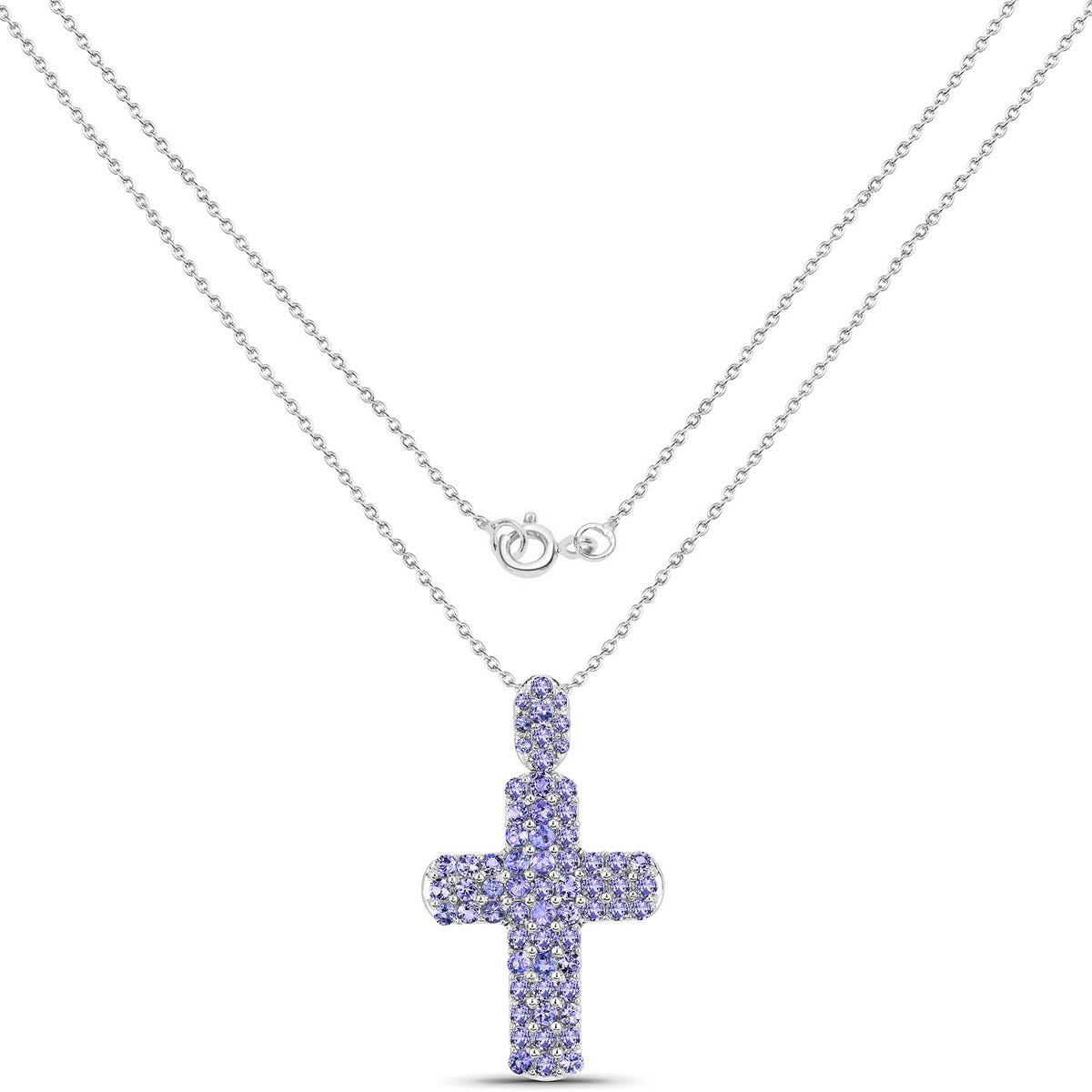 3.27 Cttw Round Violet Tanzanite Pavé Rhodium over Silver Cross Pendant Necklace