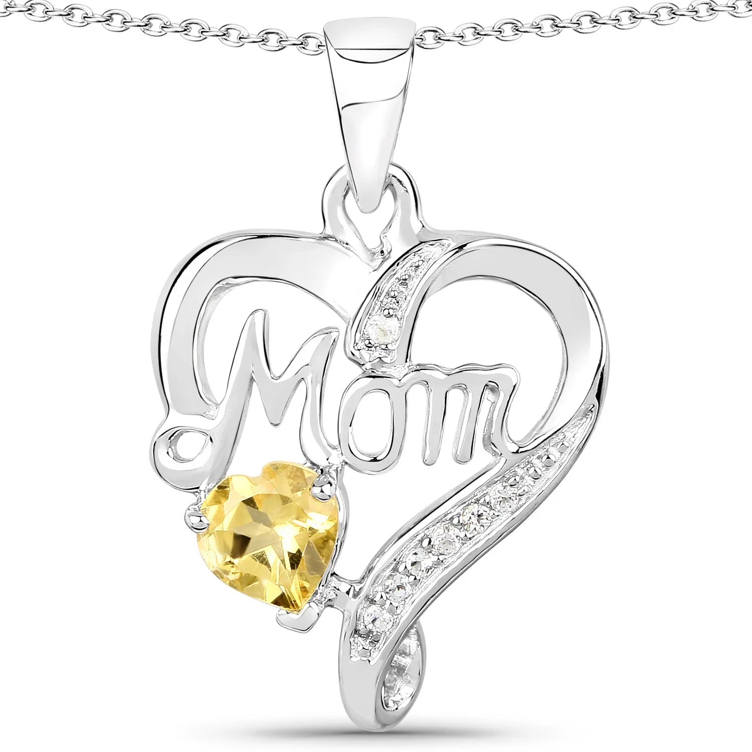 Genuine Citrine Double Heart Mom Pendant Necklace