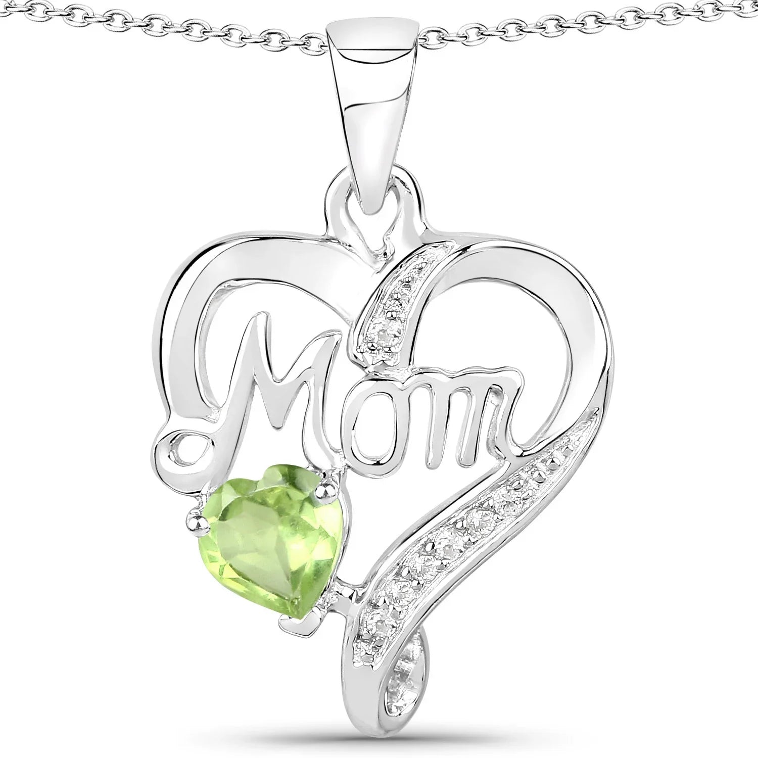 Genuine Peridot Heart Mom Pendant Necklace