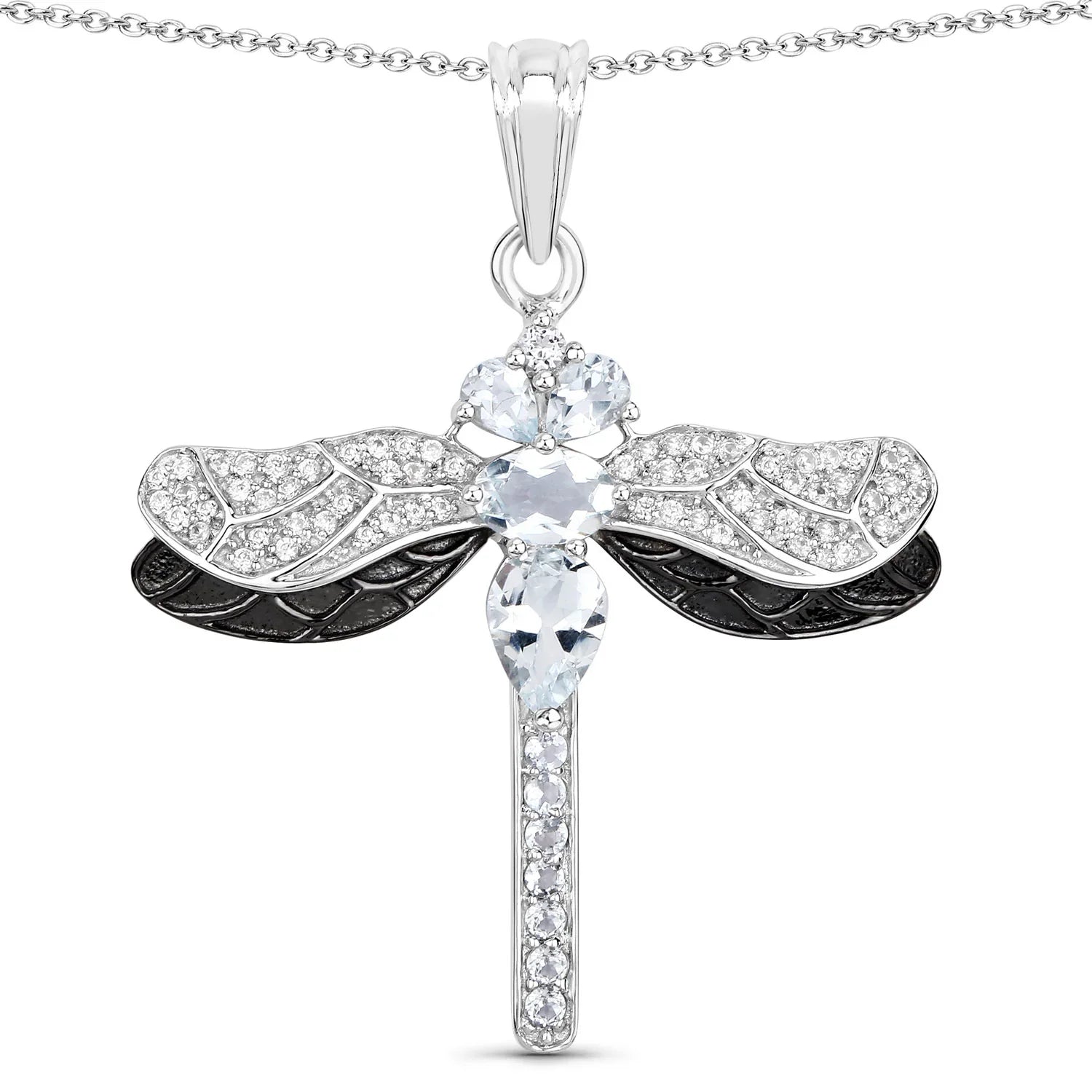 Blue Genuine Aquamarine Sterling Silver Dragonfly Necklace