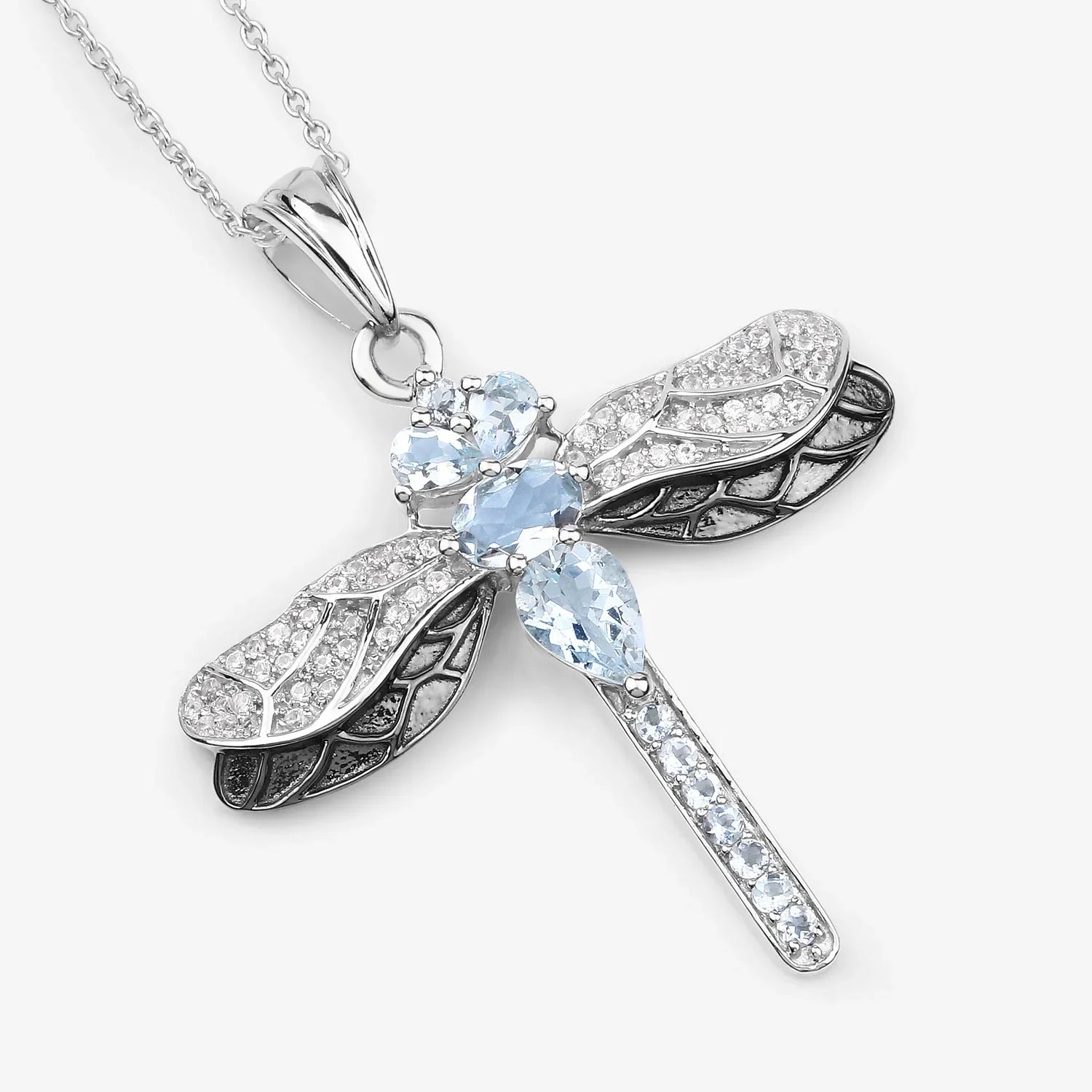 Blue Genuine Aquamarine Sterling Silver Dragonfly Necklace