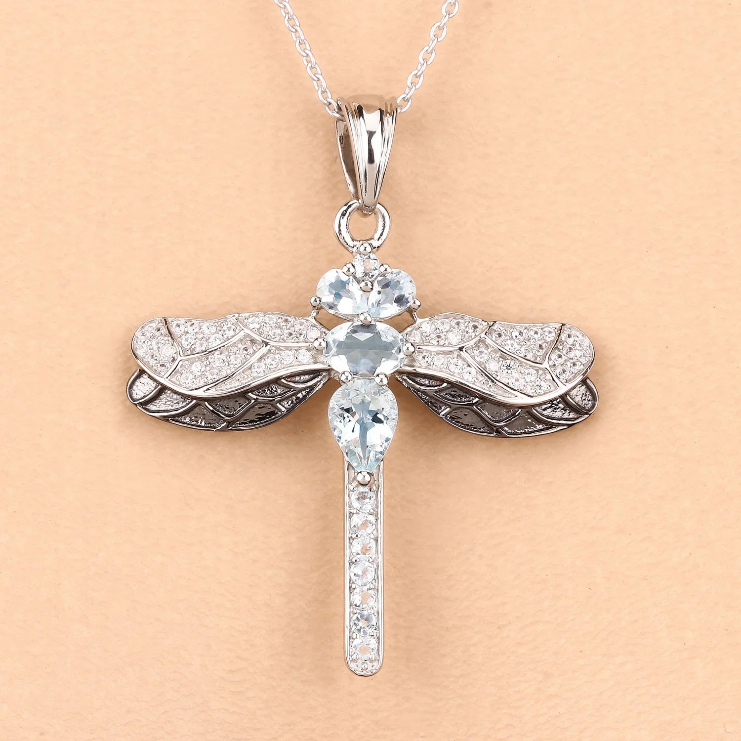Blue Genuine Aquamarine Sterling Silver Dragonfly Necklace