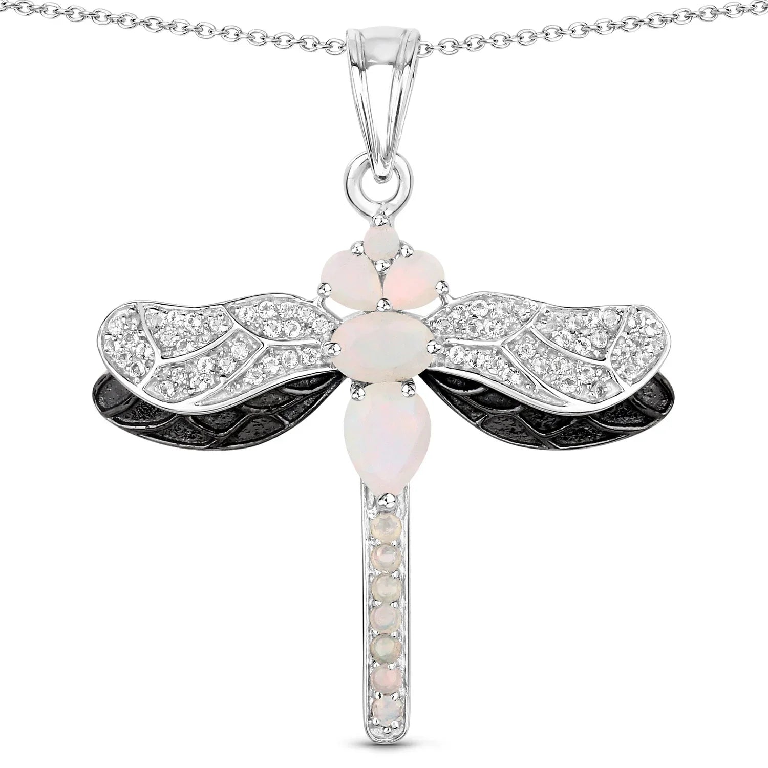 Genuine Ethiopian Opal Silver Dragonfly Pendant Necklace