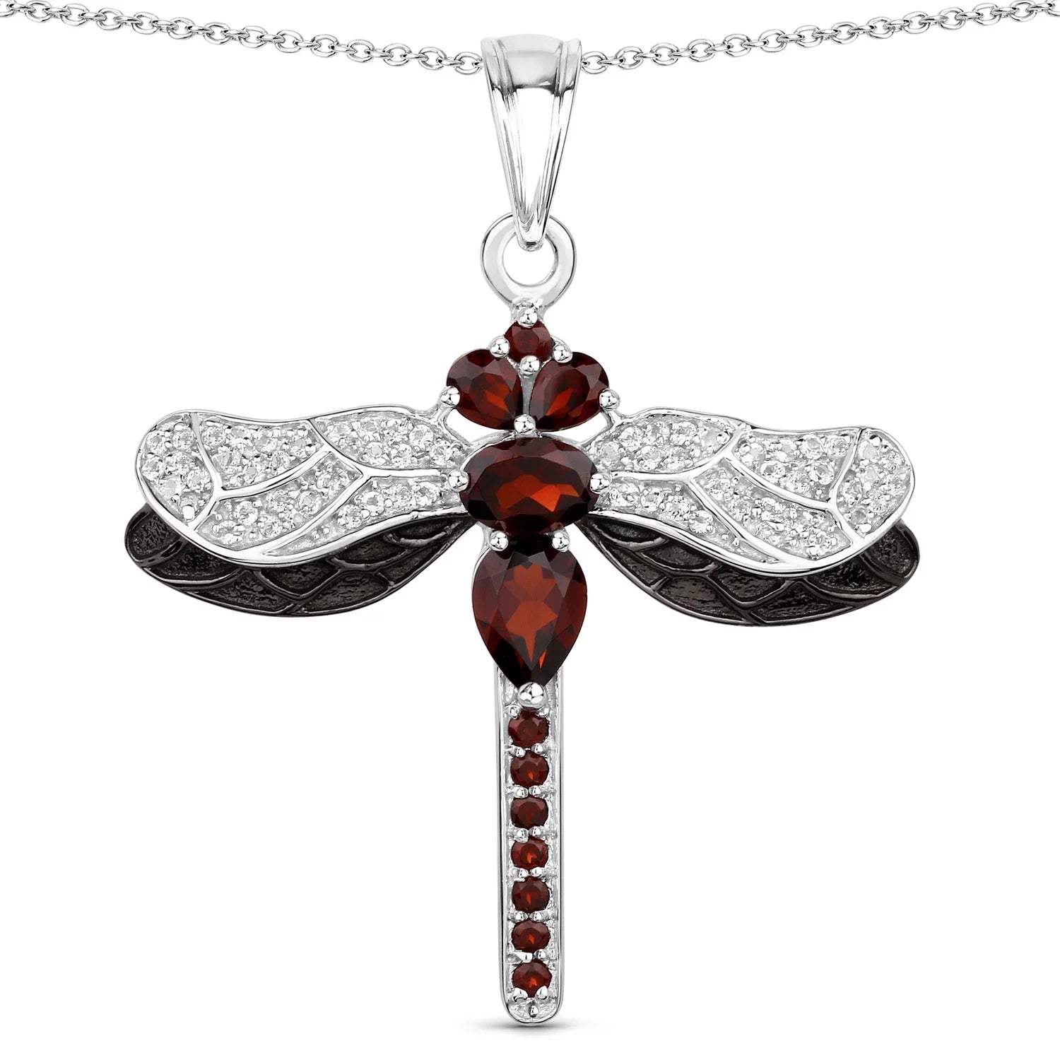 Genuine Red Garnet Silver Dragonfly Pendant Necklace