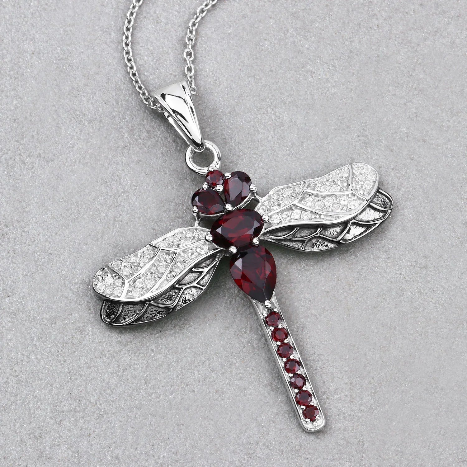 Genuine Red Garnet Silver Dragonfly Pendant Necklace