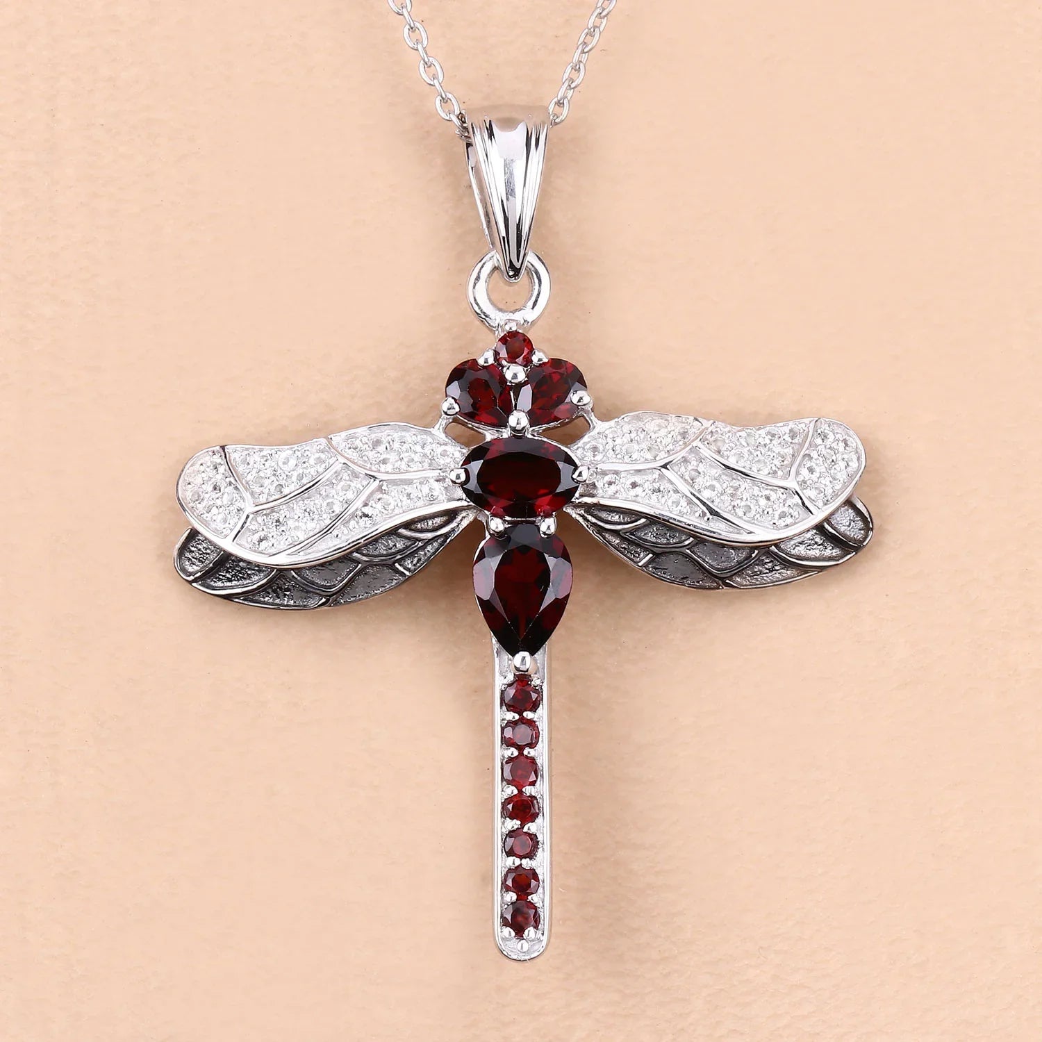 Genuine Red Garnet Silver Dragonfly Pendant Necklace