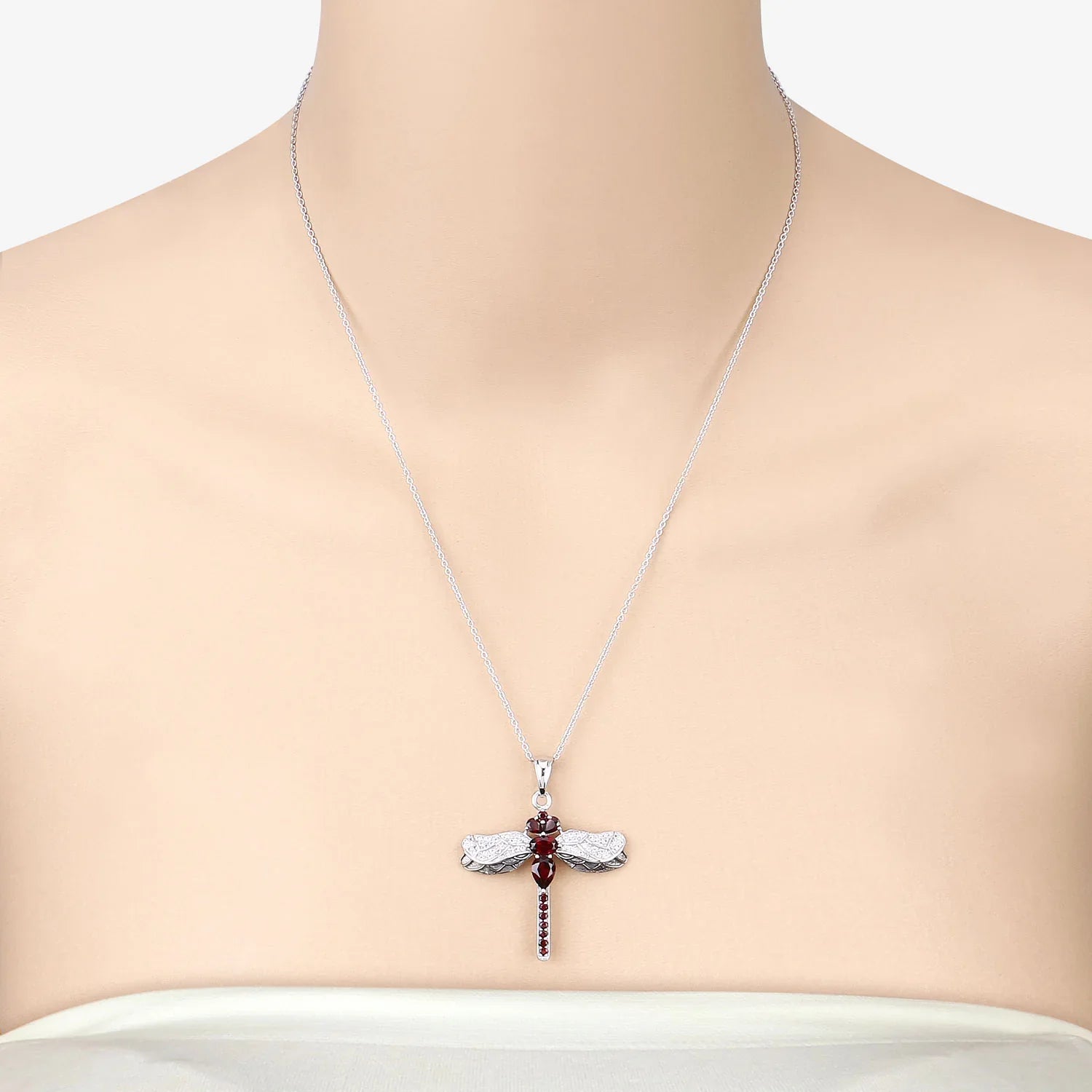 Genuine Red Garnet Silver Dragonfly Pendant Necklace