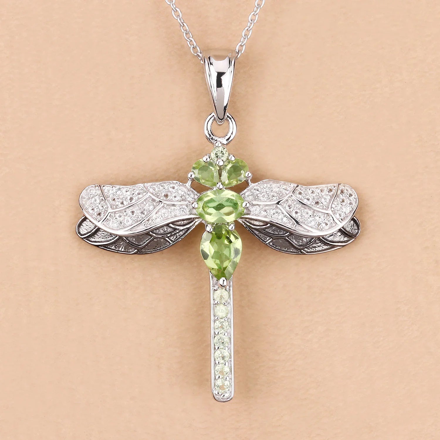 Green Genuine Peridot Sterling Silver Dragonfly Necklace