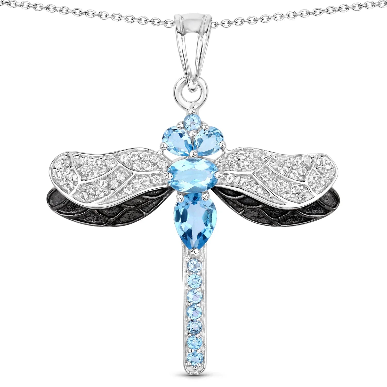 Genuine Swiss Blue Topaz Silver Dragonfly Pendant Necklace