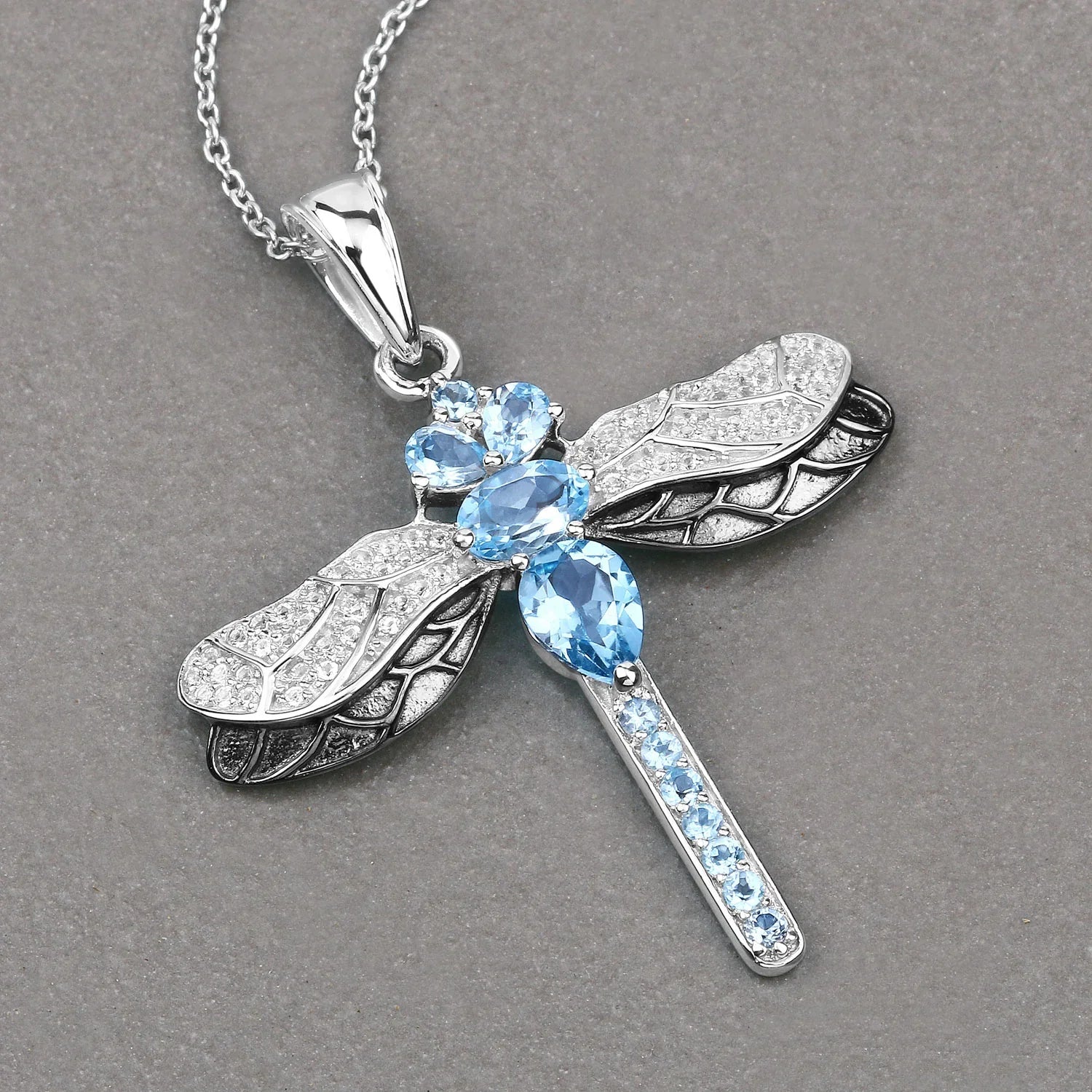 Genuine Swiss Blue Topaz Silver Dragonfly Pendant Necklace