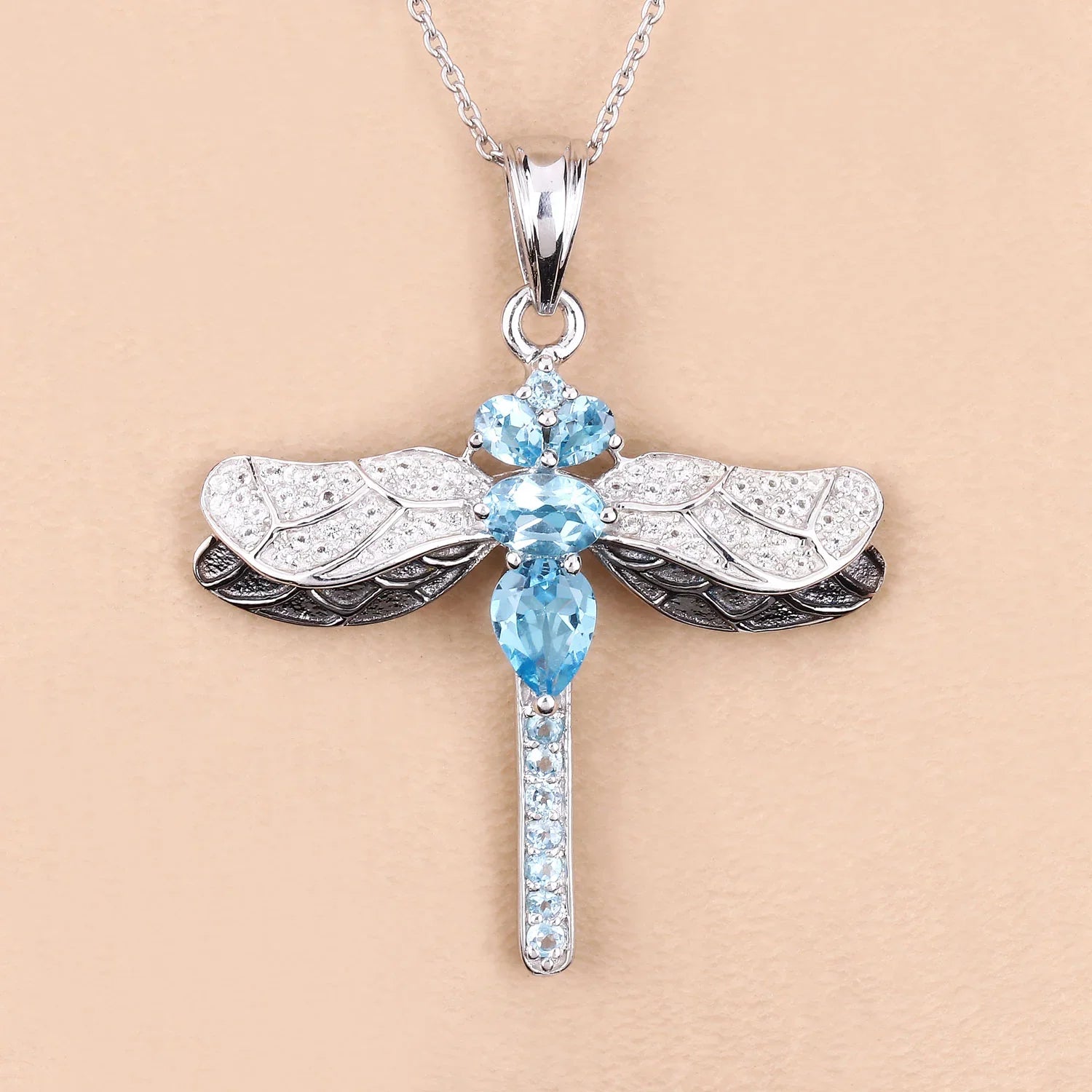 Genuine Swiss Blue Topaz Silver Dragonfly Pendant Necklace