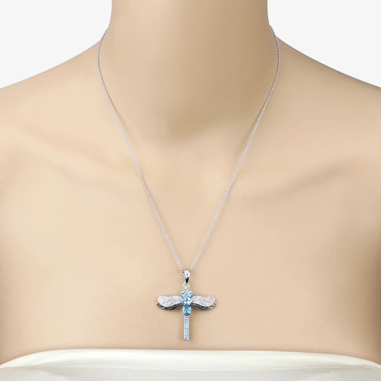 Genuine Swiss Blue Topaz Silver Dragonfly Pendant Necklace