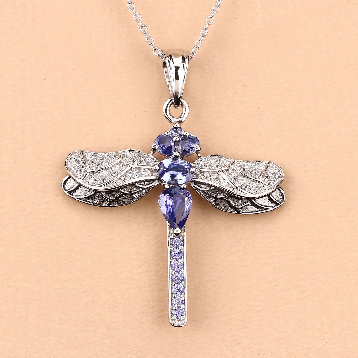 Genuine Tanzanite Silver Dragonfly Pendant Necklace