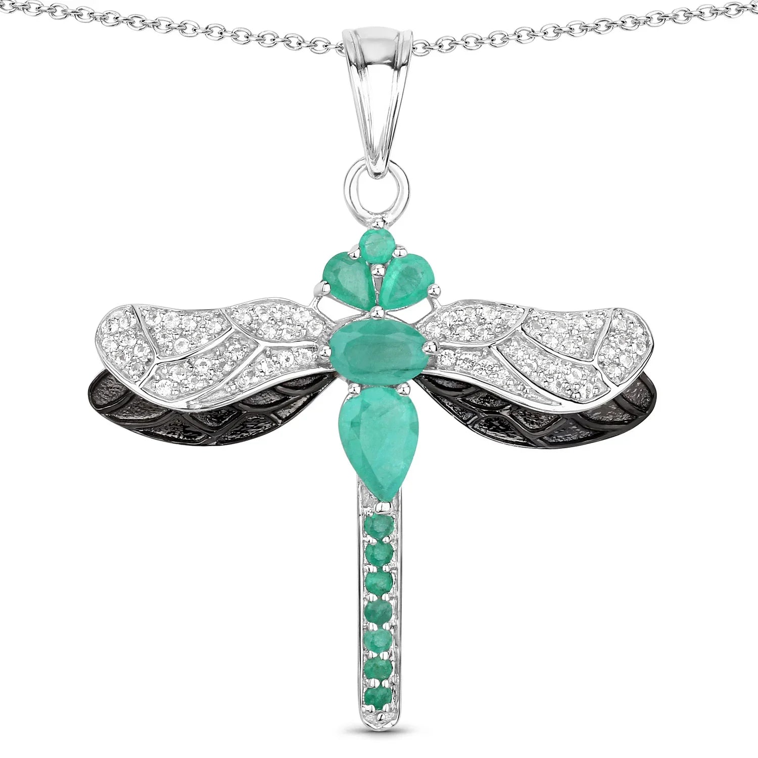 Green Zambian Emerald Sterling Silver Dragonfly Pendant Necklace