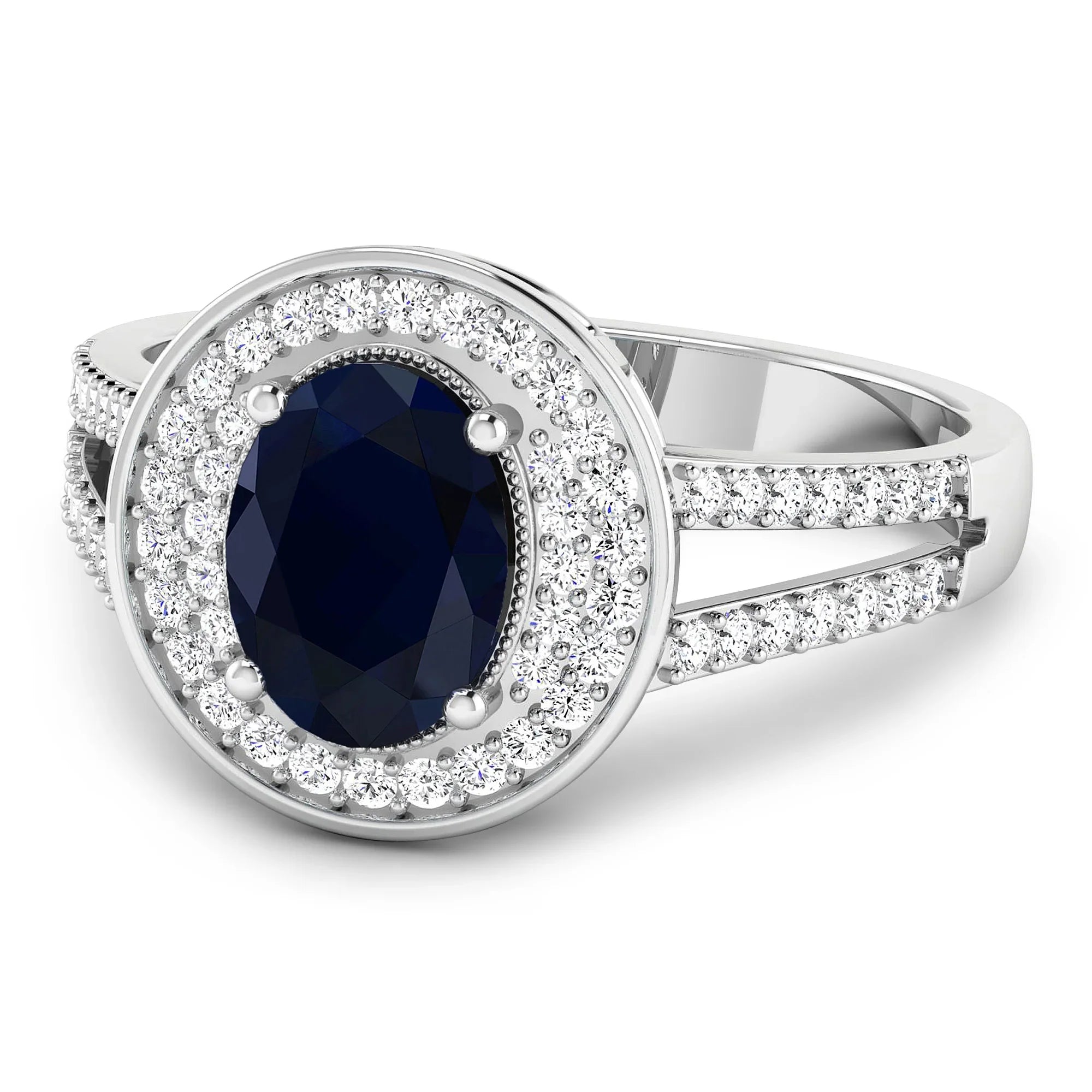 Genuine Oval Blue Sapphire Diamond Halo Ring