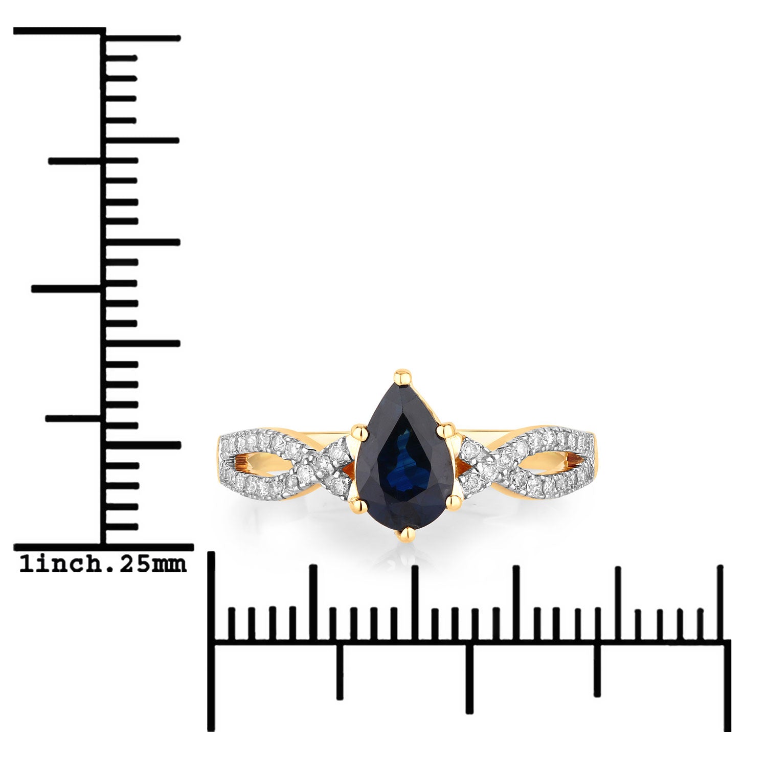 1.14ct Pear Blue Sapphire and White Diamond Prong Crossover 14K Yellow Gold Ring image 3