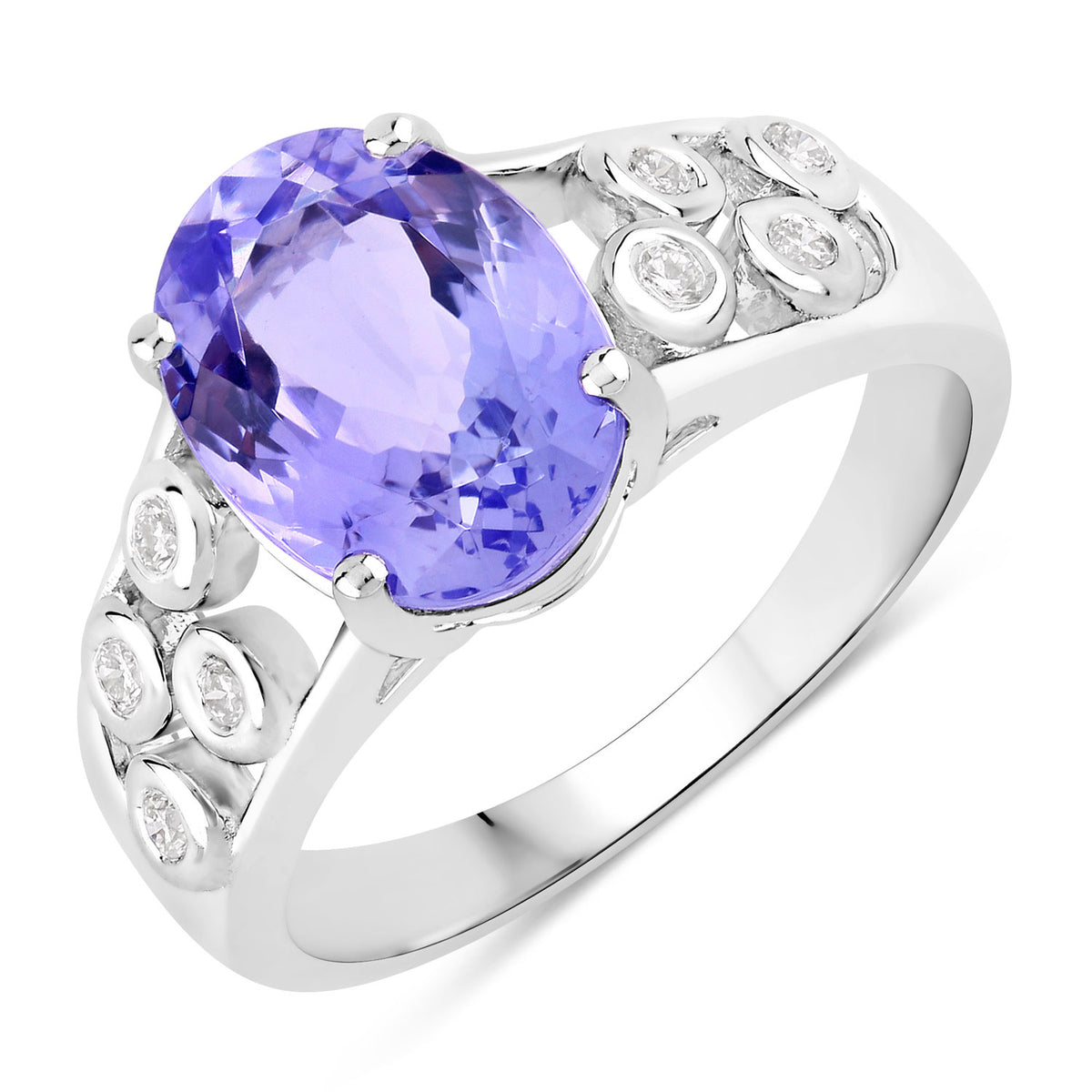 3.42 Cttw Oval Violet Tanzanite and Lab Diamond Rhodium over Silver Cocktail Ring