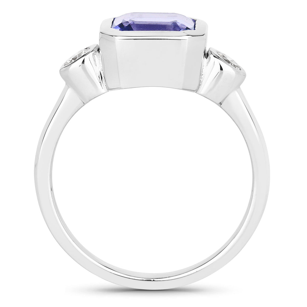 3.49 Cttw Octagon Violet Tanzanite and Lab Diamond Bezel Rhodium over Silver 3-Stone Ring