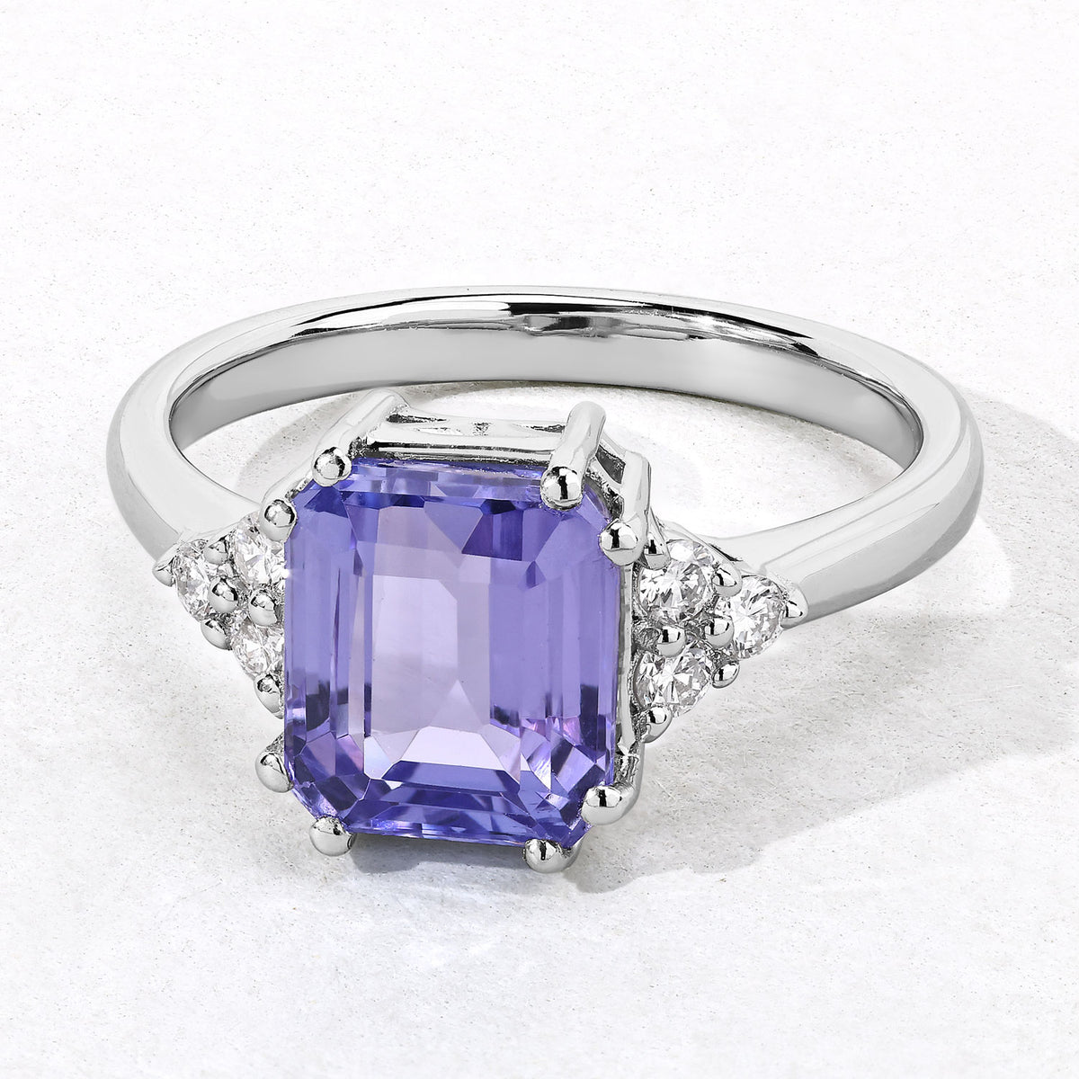 3.53 Cttw Octagon Violet Tanzanite and Lab Diamond Rhodium over Silver Side Cluster Cocktail Ring