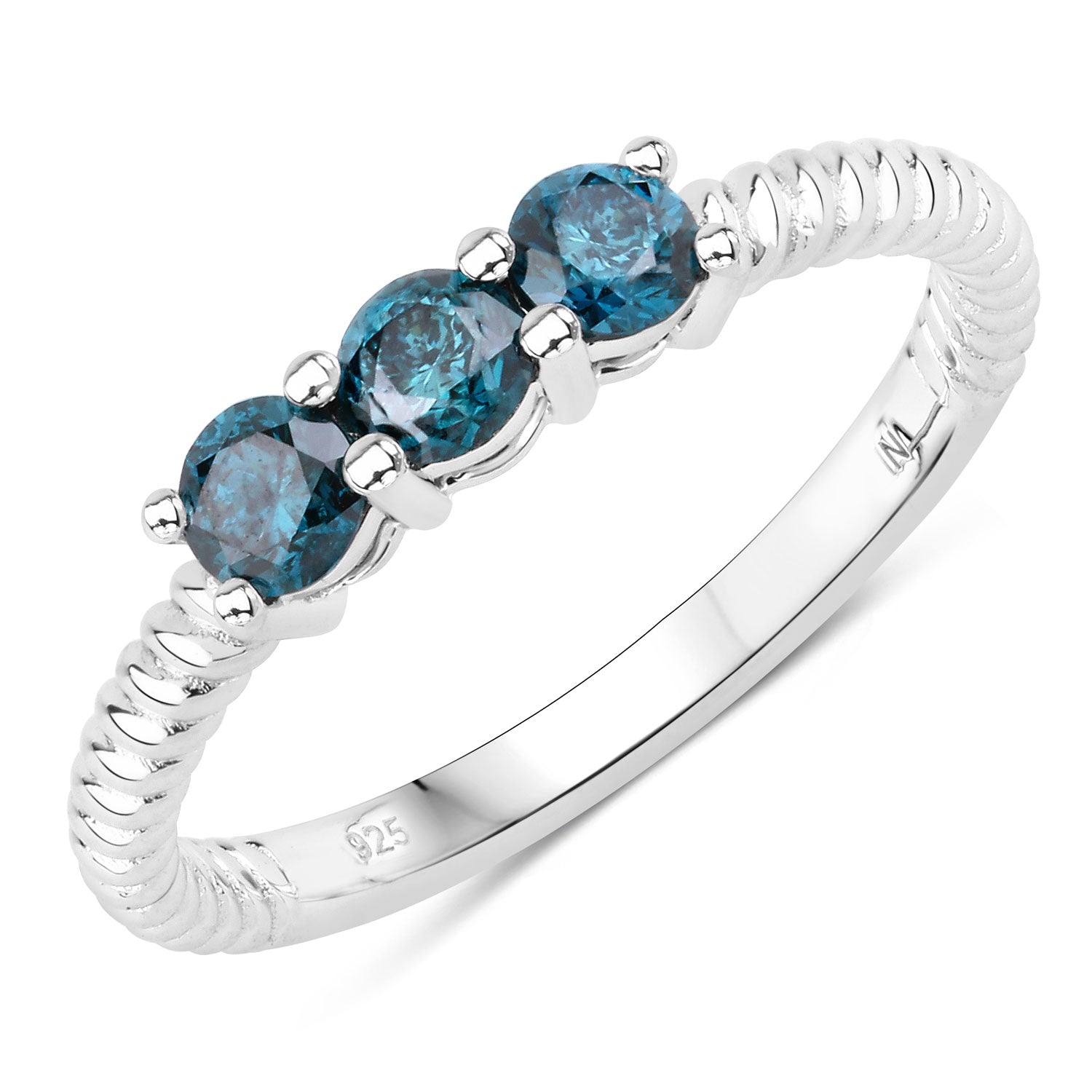 0.49 Cttw Round Teal Blue Diamond Rhodium Plated Silver 3-Stone Ring