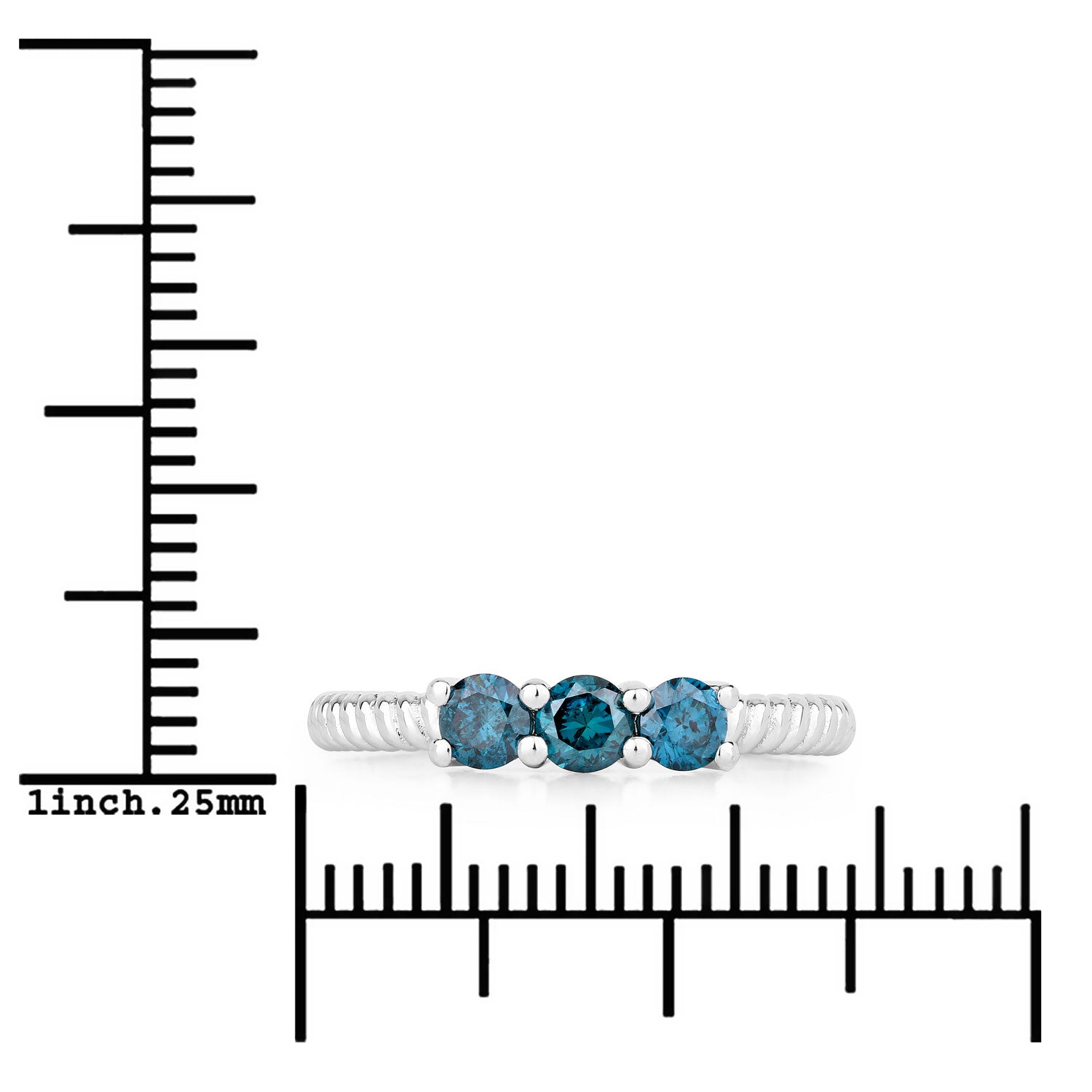 0.49 Cttw Round Teal Blue Diamond Rhodium Plated Silver 3-Stone Ring