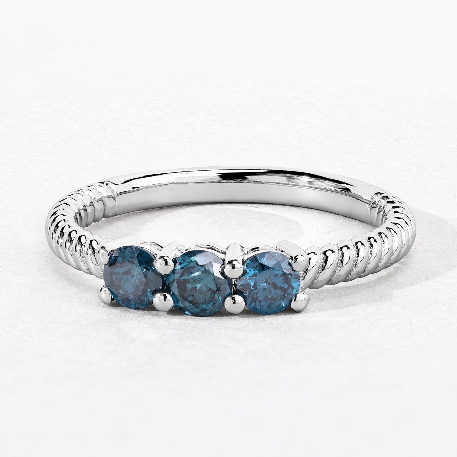 0.49 Cttw Round Teal Blue Diamond Rhodium Plated Silver 3-Stone Ring