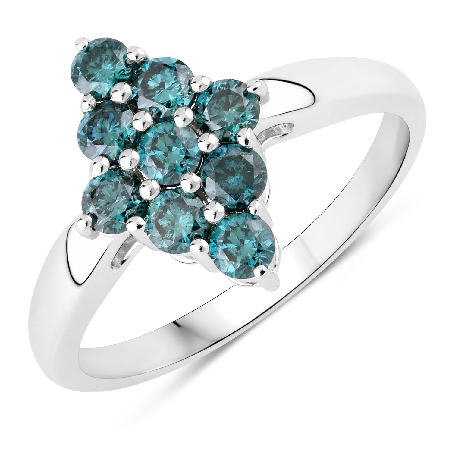 0.76 Cttw Round Teal Blue Diamond Rhodium Plated Silver Rhombus Cluster Ring