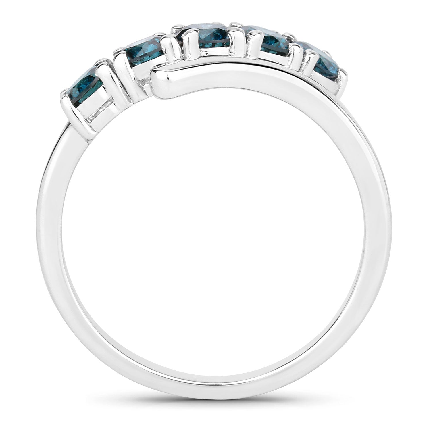 1.01 Cttw Round Teal Blue Diamond Rhodium Plated Silver Five Stone Bypass Ring