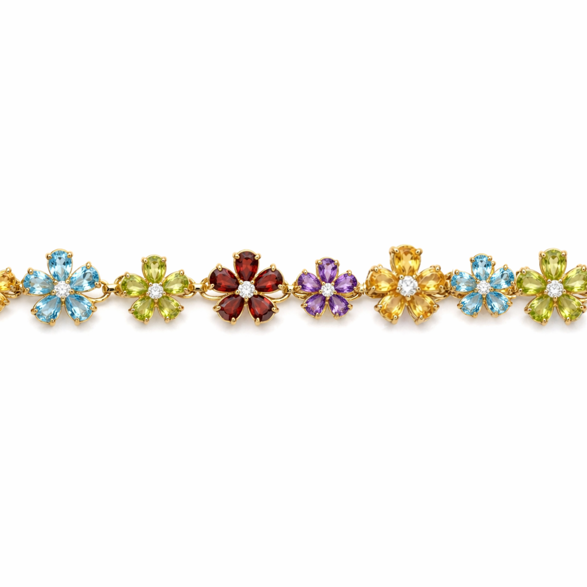 Multi Gemstone Floral Yellow Gold Over Silver Cluster 7.5 inch Bracelet