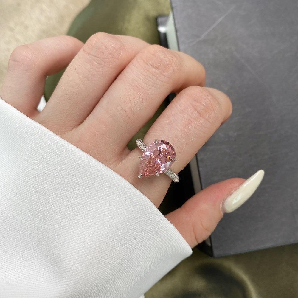 Pink Zirconia Ring Cz Cocktail Ring TearDrop Pink Statement Ring Sterling Silver Pink Gemstone Ring - FineColorJewels