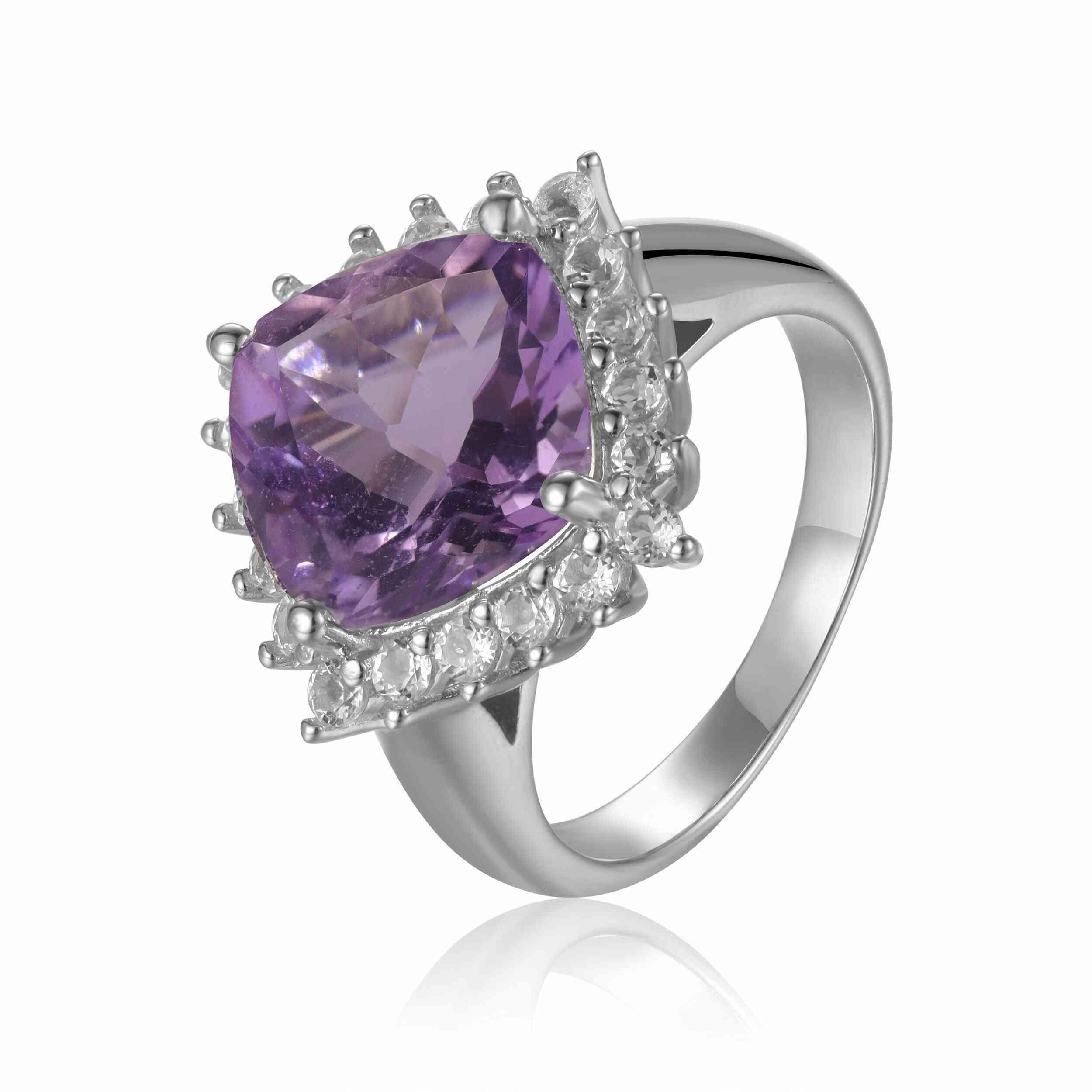 Pink Amethyst Cushion Checkerboard Halo Ring Princess Style Ring - FineColorJewels