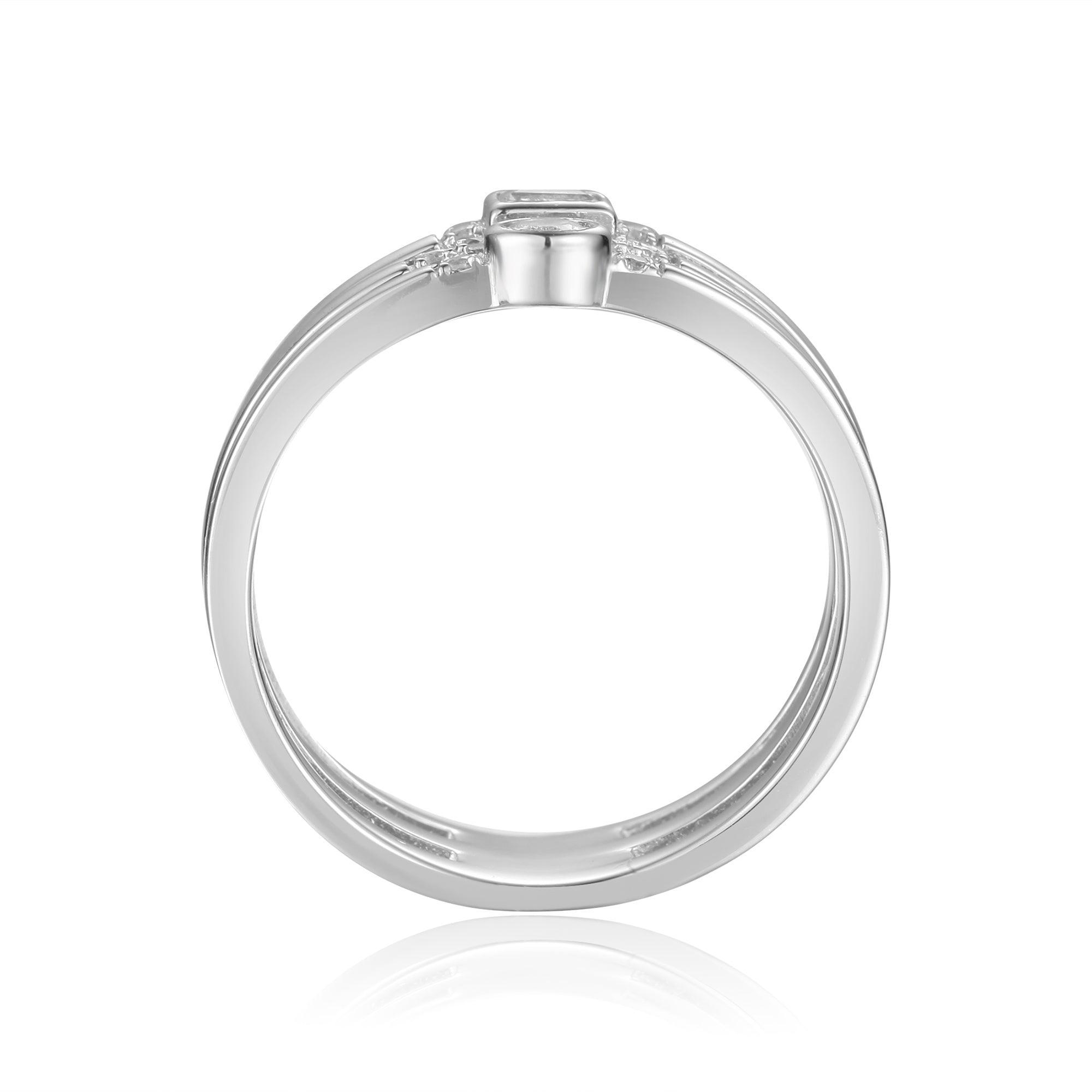 Solid Baguette and Round White Sapphire Sterling Silver Ring with All Natural White Sapphire and White Topaz - FineColorJewels
