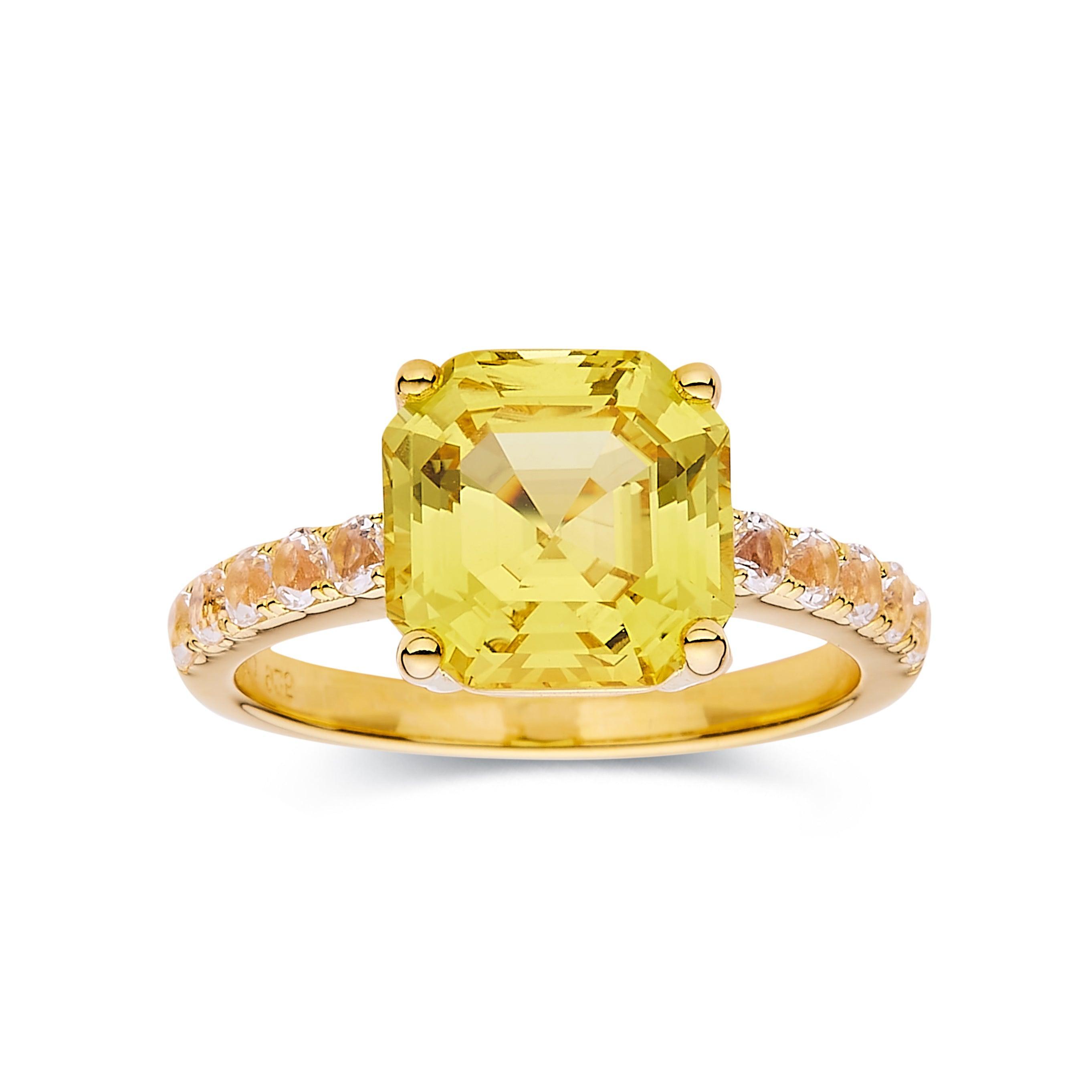 18K Gold Plated Ring Canary Yellow Lab Grown Sapphire Diamond Ring - FineColorJewels