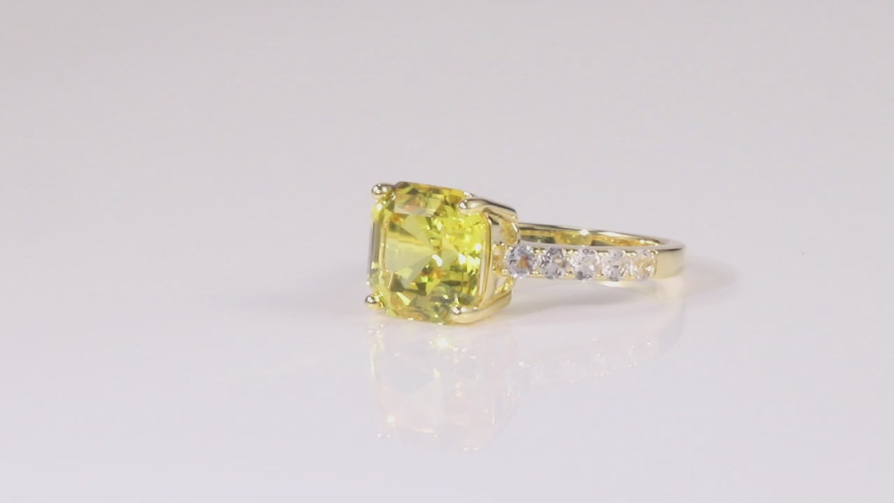 video of Canary Yellow Sapphire Asscher Cut Ring 18K Gold Plated Ring Canary Yellow Lab Grown Sapphire Diamond Ring Valentine Gift For Girlfriend