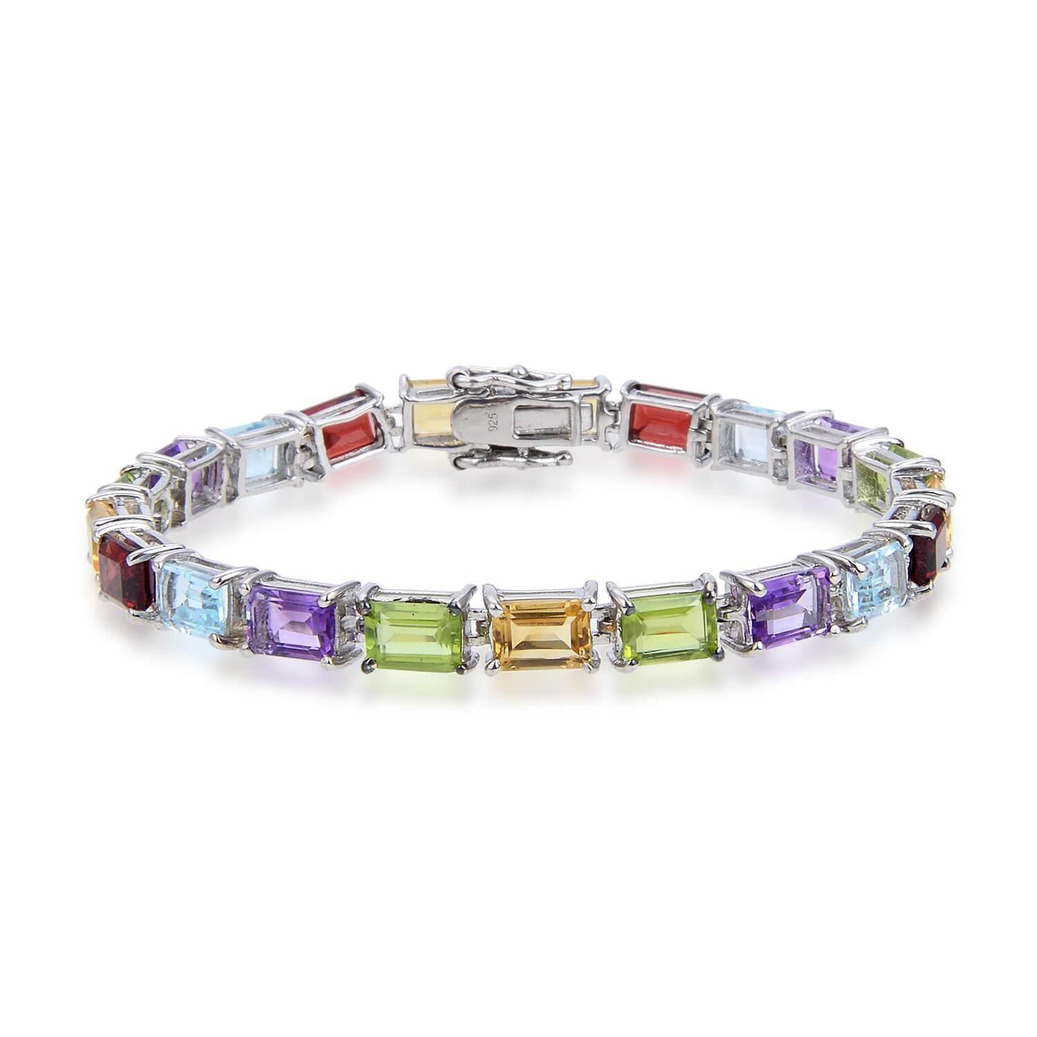 Multi Color Sterling Silver Bracelet, $ 150 - 200, $ 200 - 300, Octagon, Blue, Purple, Green, Yellow, 925 Sterling Silver, Tennis