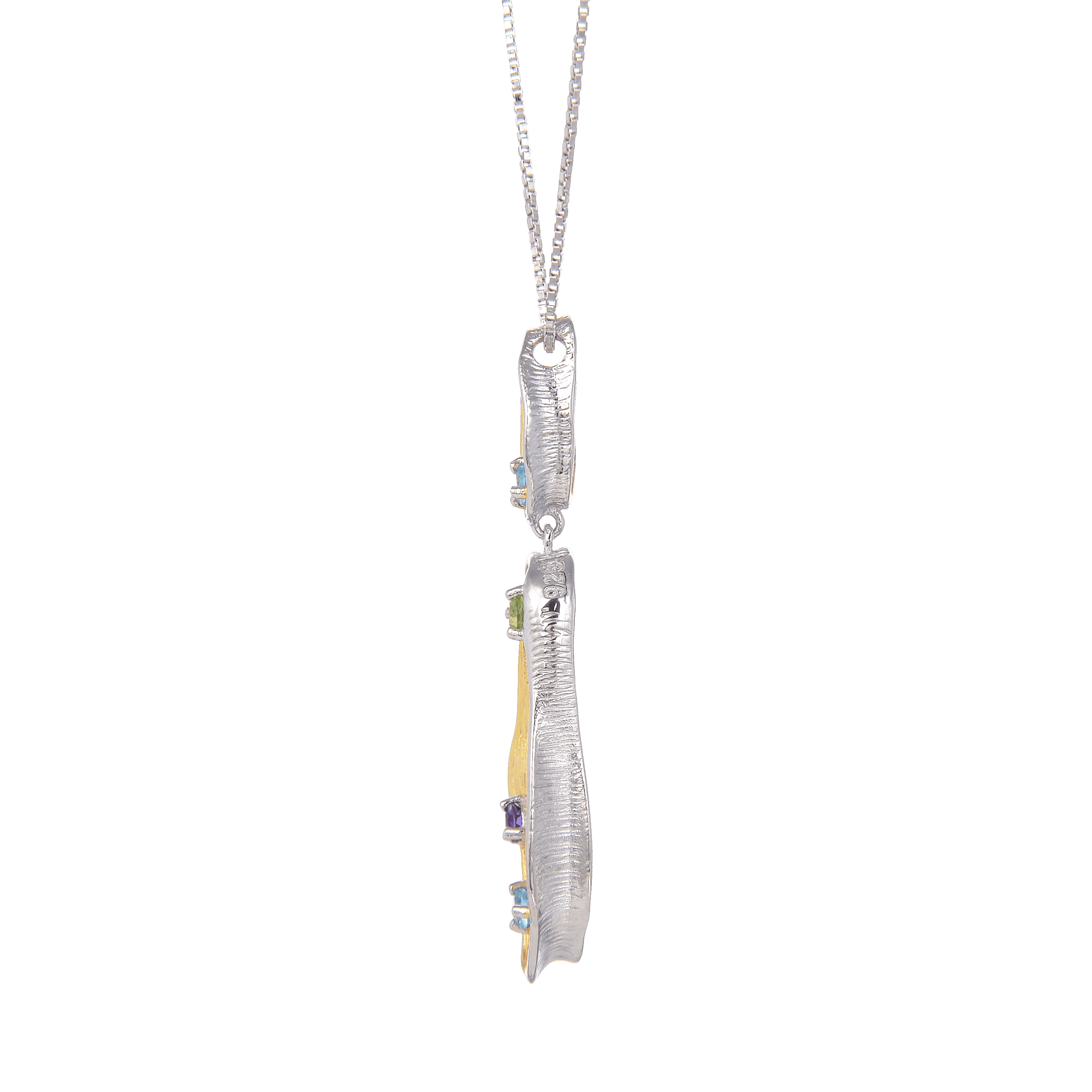 Signature Rhodium and Gold Plated Pendant.
$ 50 - 100, Blue Topaz, Peridot, Amethyst, Round, 925 Sterling Silver, Dangle, Fashion