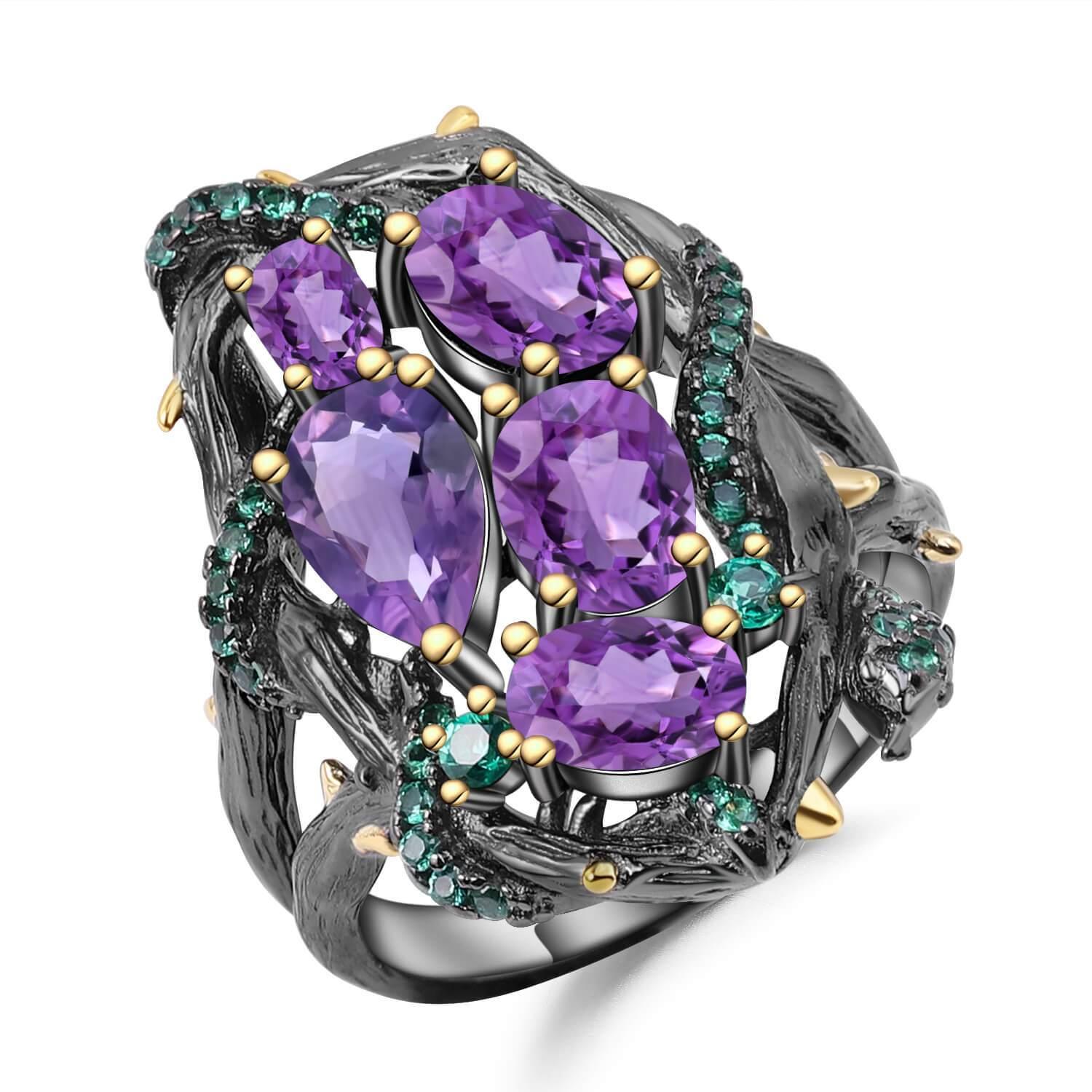 Exotic Nature Inspired Amethyst Ring.
$ 50 - 100, Amethyst, Purple, Green, Oval, Pear, 925 Sterling Silver, Cocktail