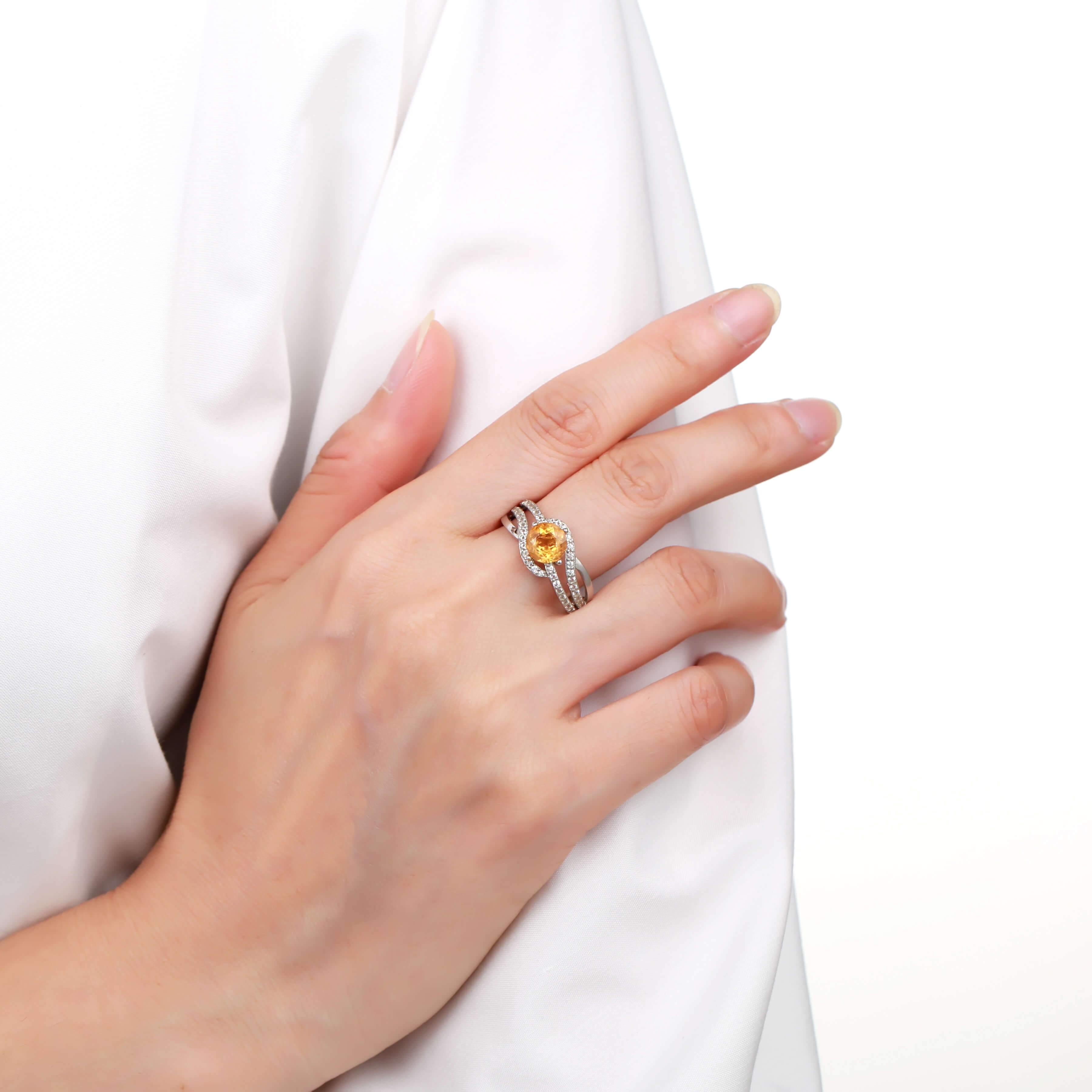 Luxurious Round cut Natural Citrine Ring with White Sapphire