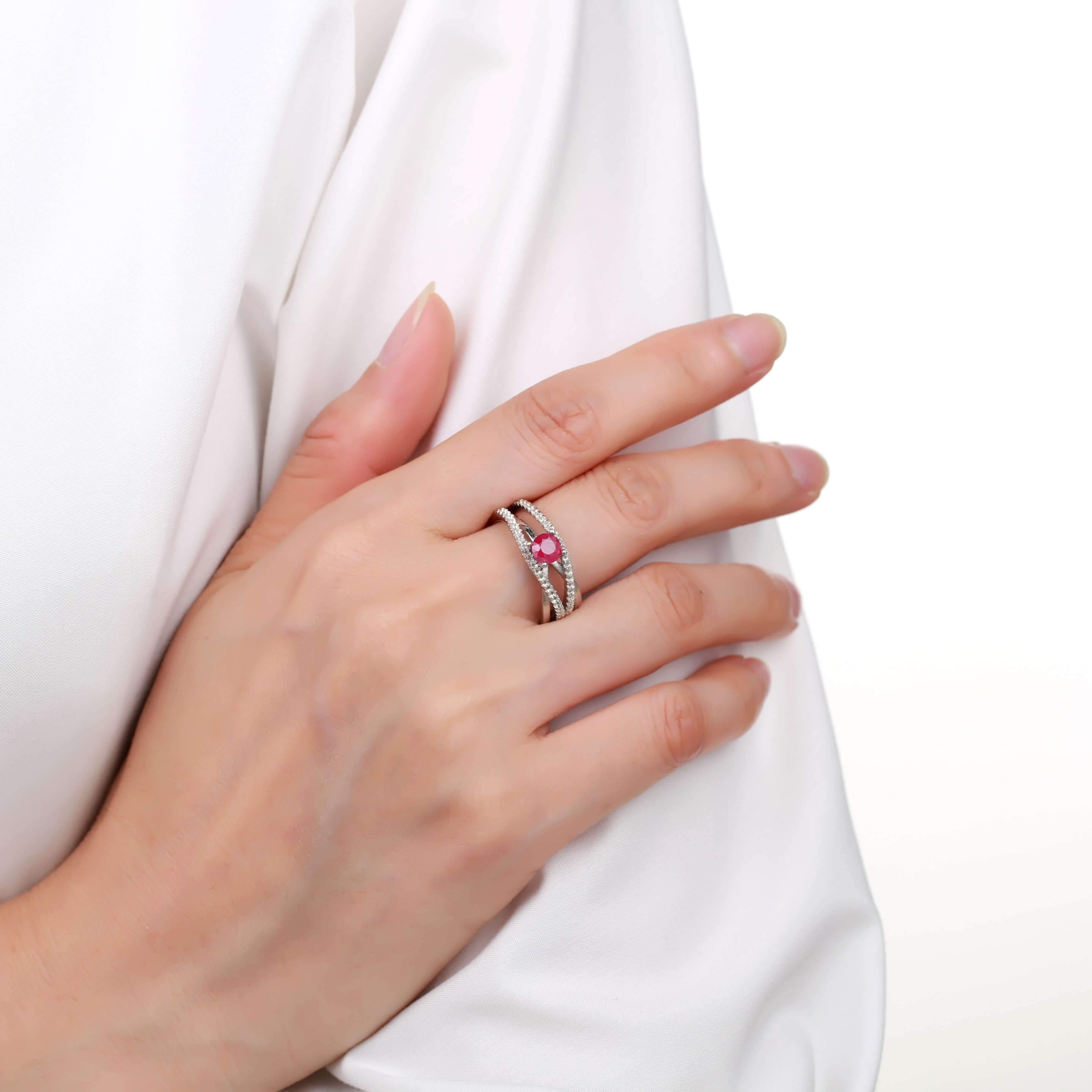 Ornate Round cut Genuine Ruby Ring with White Sapphire