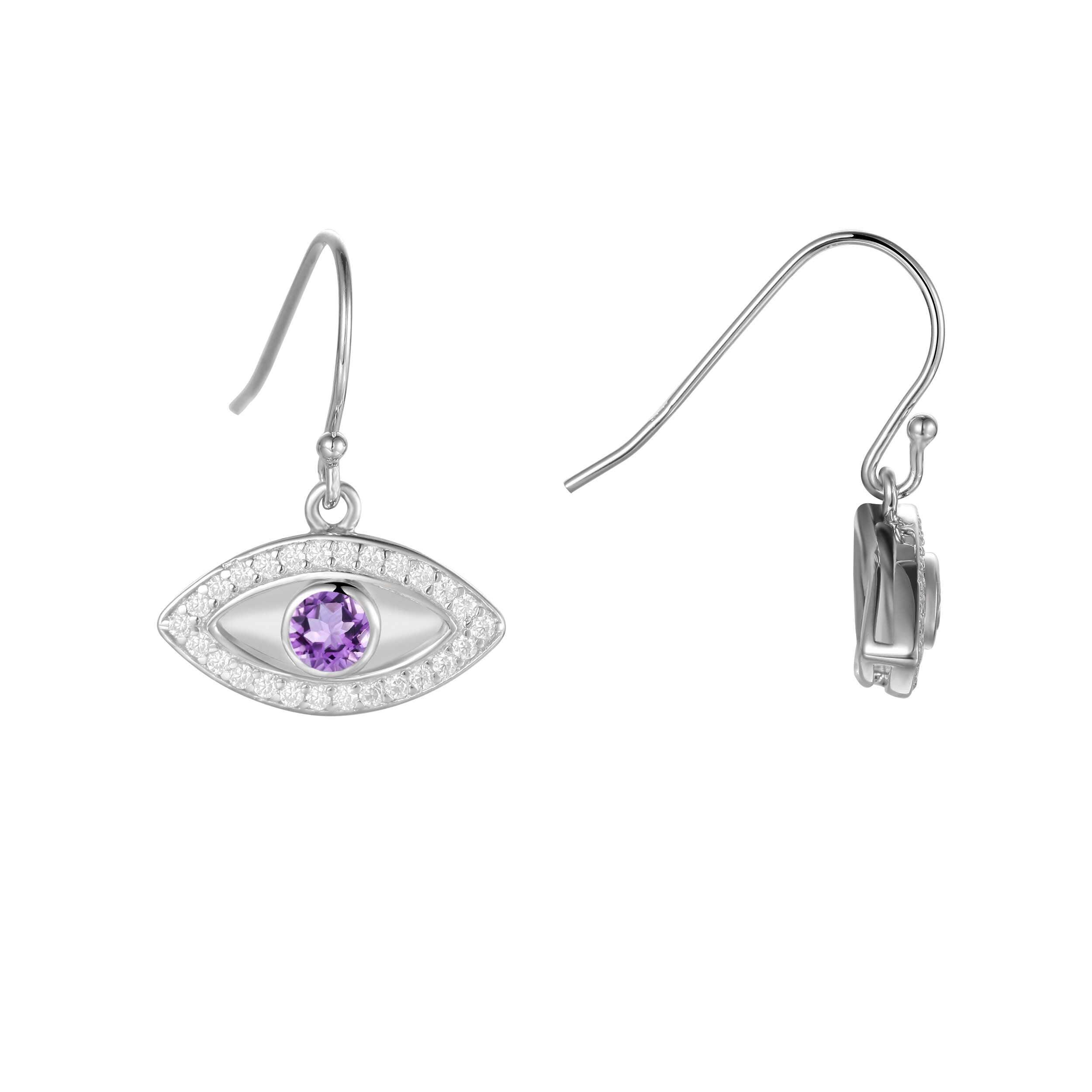 Natural Amethyst Rhodium Plated Evil Eye Earrings