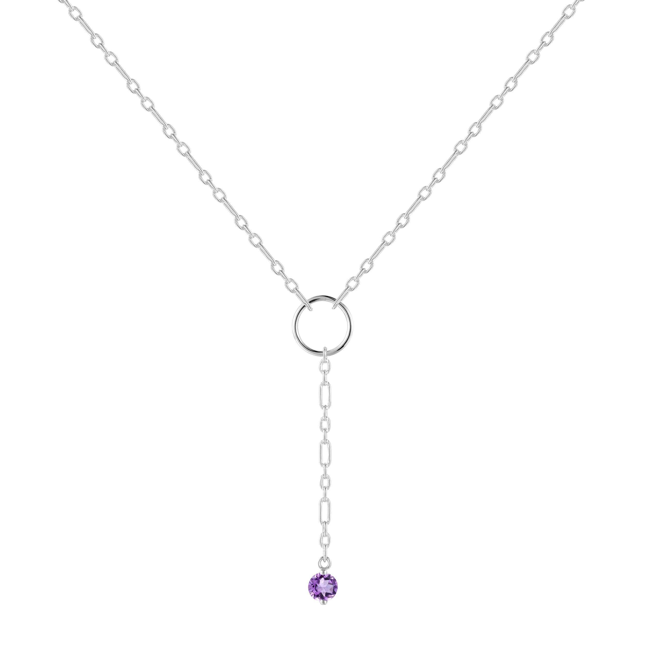 Natural Amethyst Dainty Round Rhodium Necklace Dainty Natural Amethyst Y Pendant Necklace