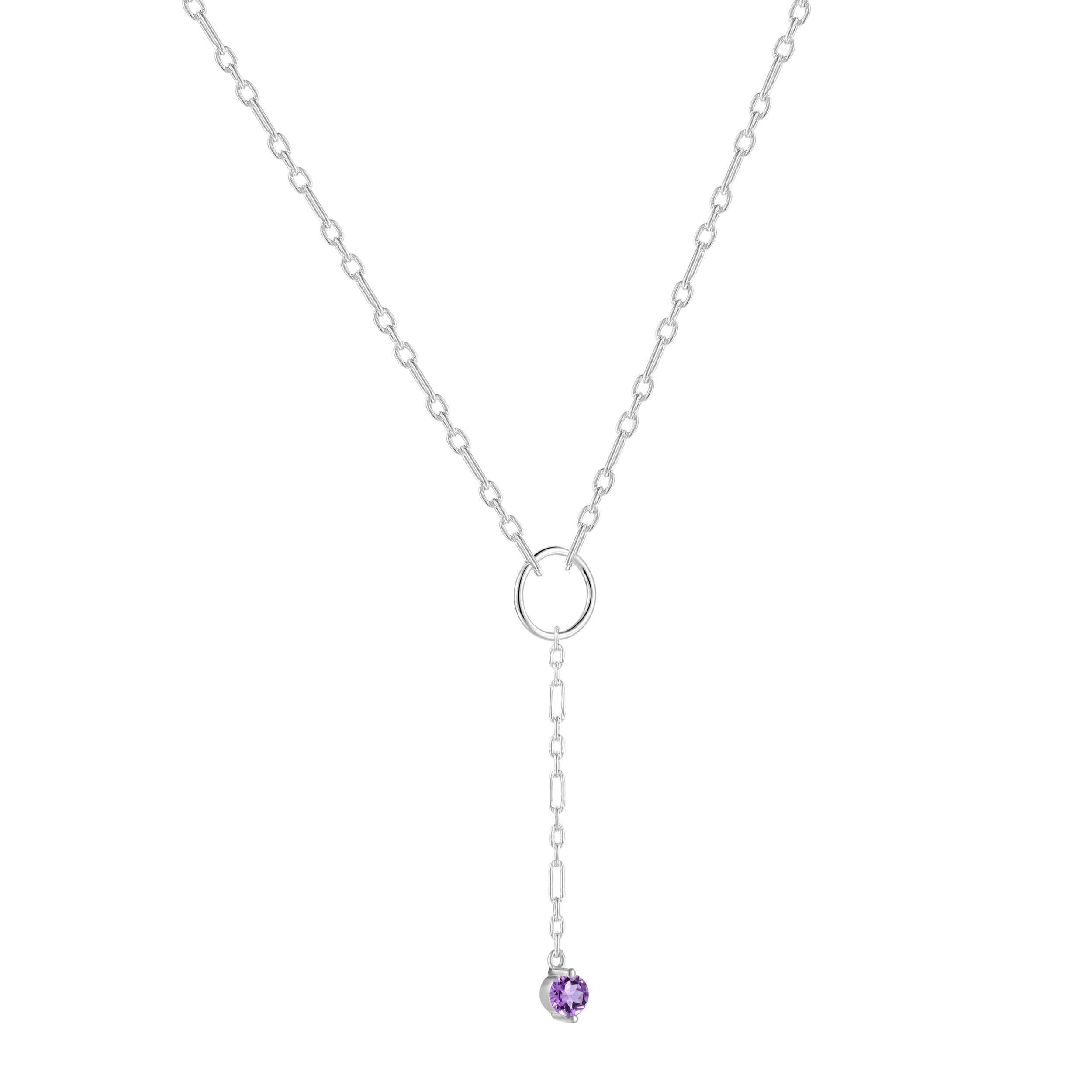 Dainty Natural Amethyst Y Pendant Necklace Dainty Purple Pendant Healing Stone Silver Necklace Best Feb Birthday Natural Amethyst Dainty Round Rhodium Necklace